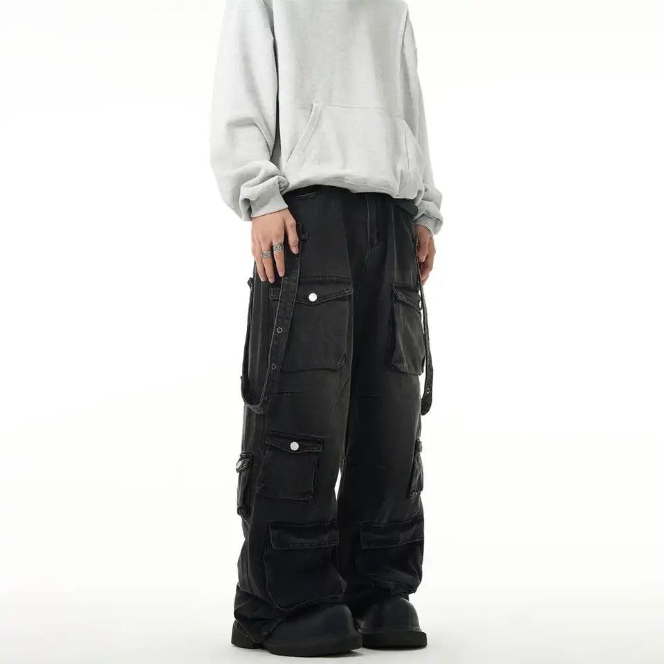 Japanese Brand × Vintage Black Cargo Jeans Men Baggy Multi-pocket Wide Leg Streetwear Size US 30 / EU 46 - 5 Thumbnail