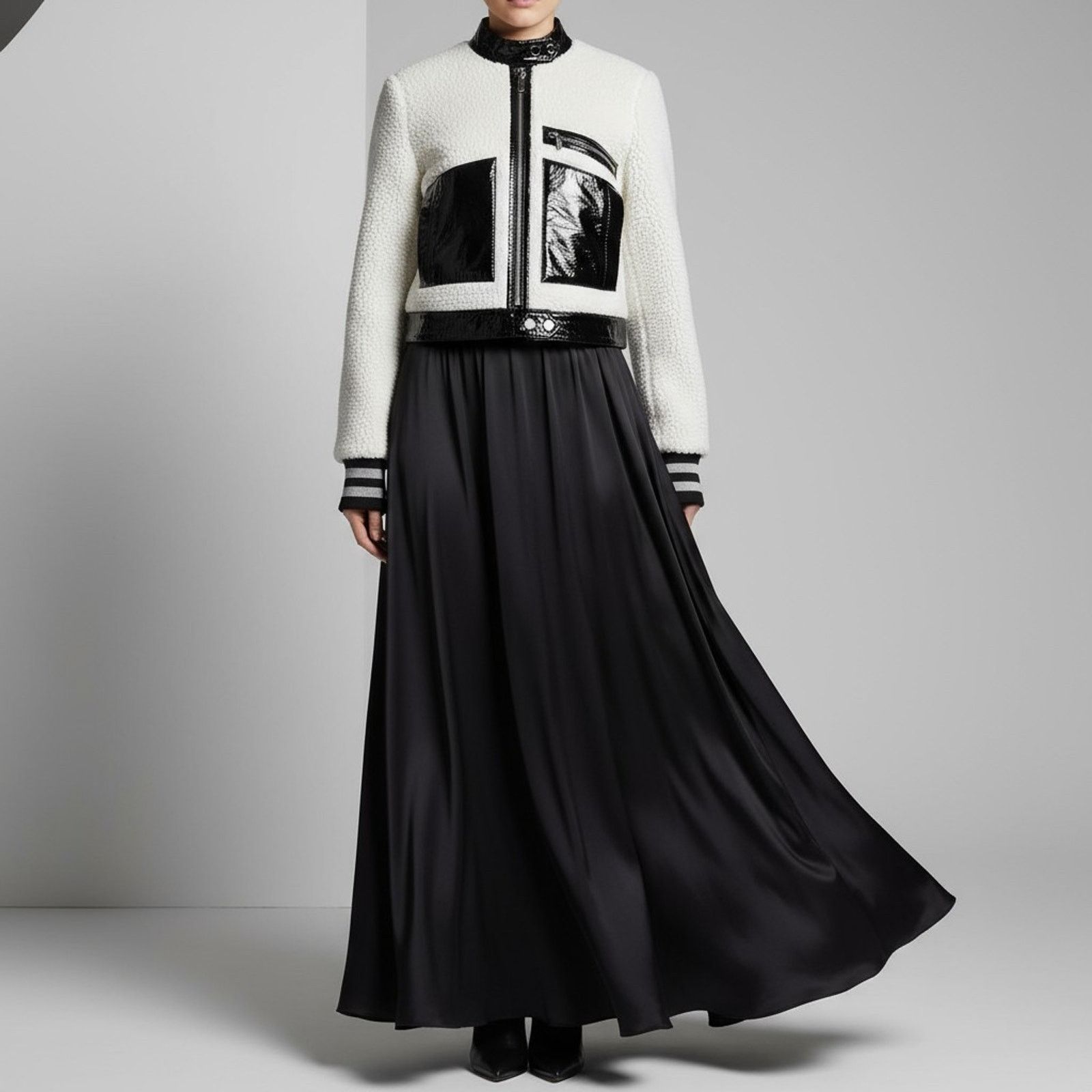 Other Handmade Black & White Shearling Moto Jacket Patent Leather Size XS / US 0-2 / IT 36-38 - 3 Thumbnail