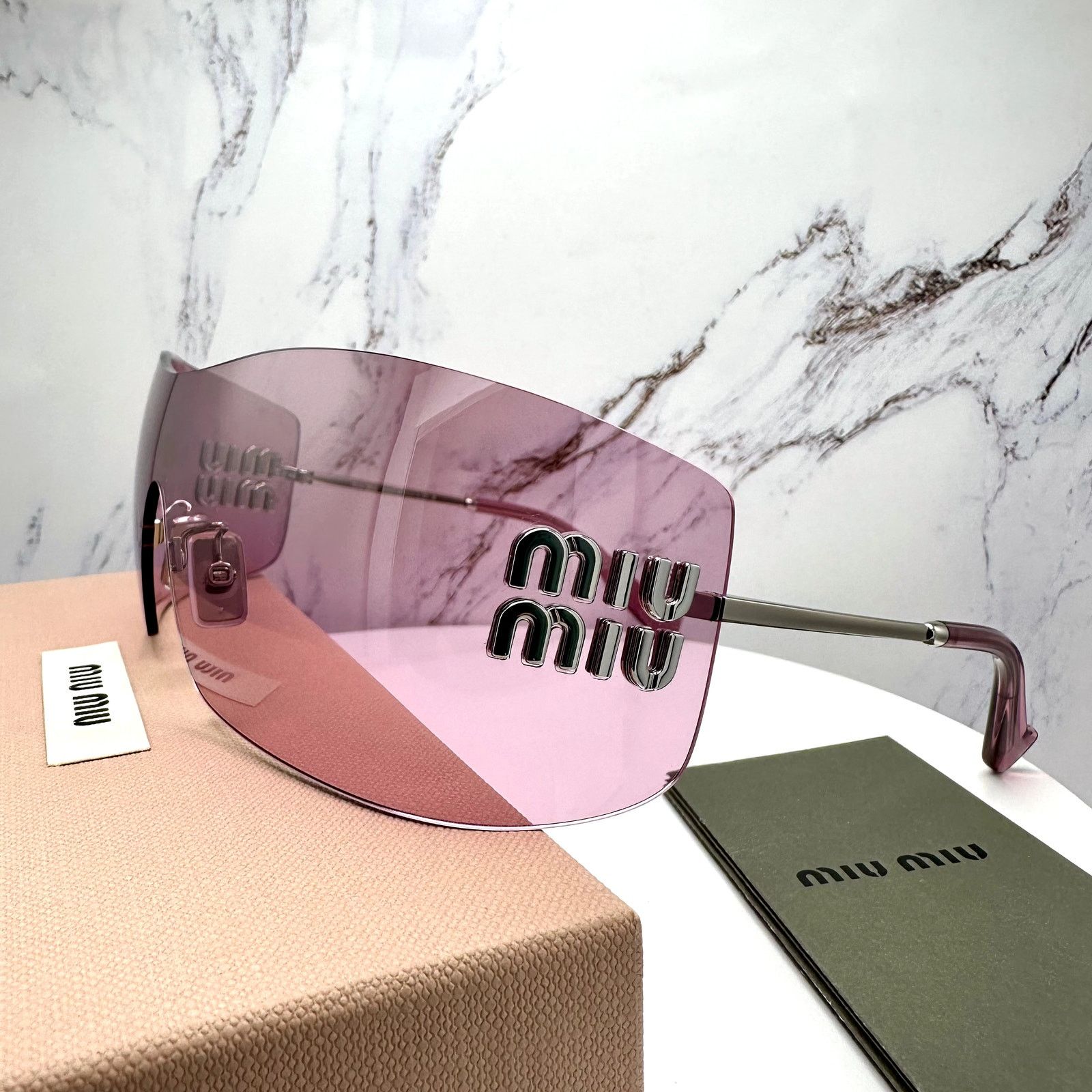 Miu Miu New MIU MIU Sunglasses Silver Pink Mirror Rimless Wrap Size ONE SIZE - 5 Thumbnail