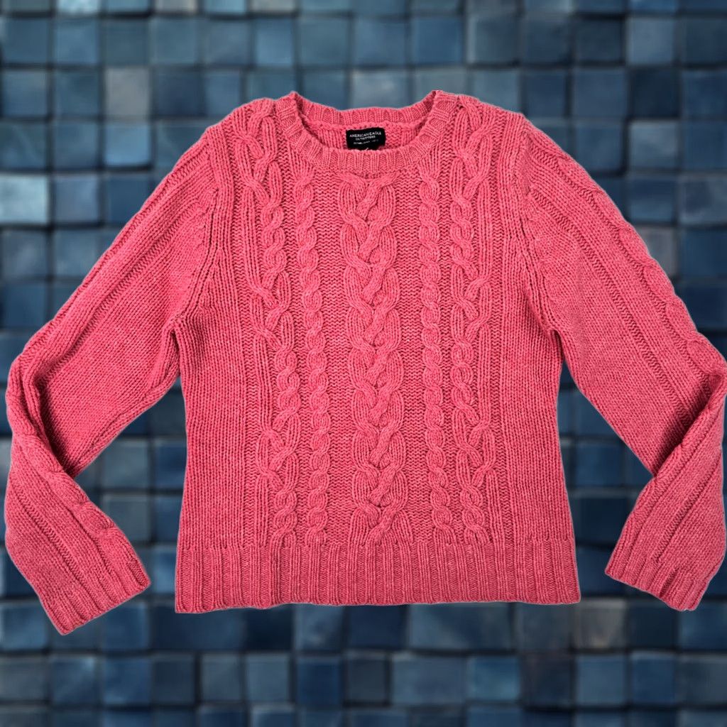 American Eagle Outfitters American Eagle Outfitters Sweater Women L Pink Crew Neck Cable Knit Shetland Merino Wool Knit Pullover Size L / US 10 / IT 46 - 1 Thumbnail