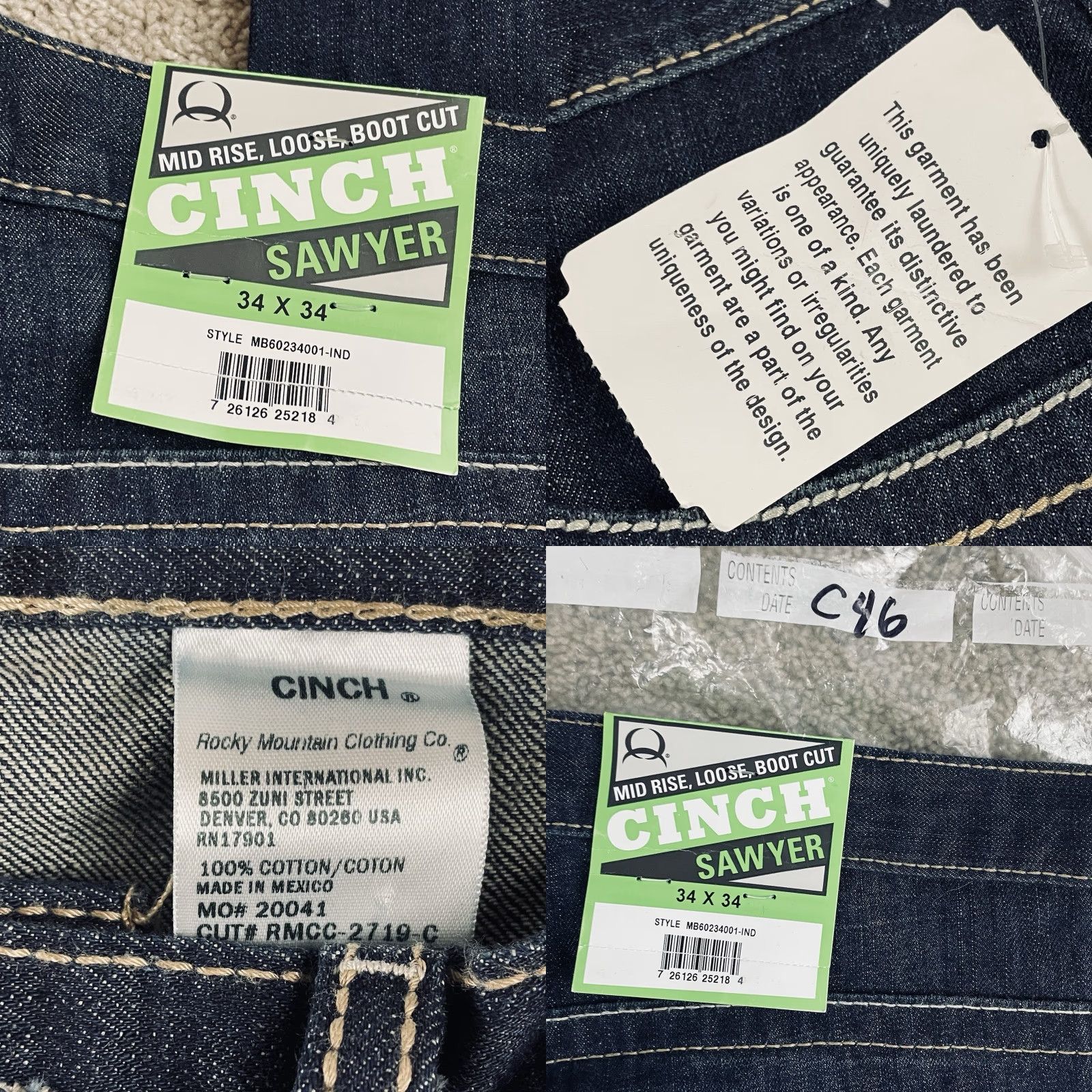 Cinch Jeans Mens 34x34 Dark Wash Denim Straight Cowboy Western NWT C46 Buckle Bke 5-Pocket Denim Dark Cotton