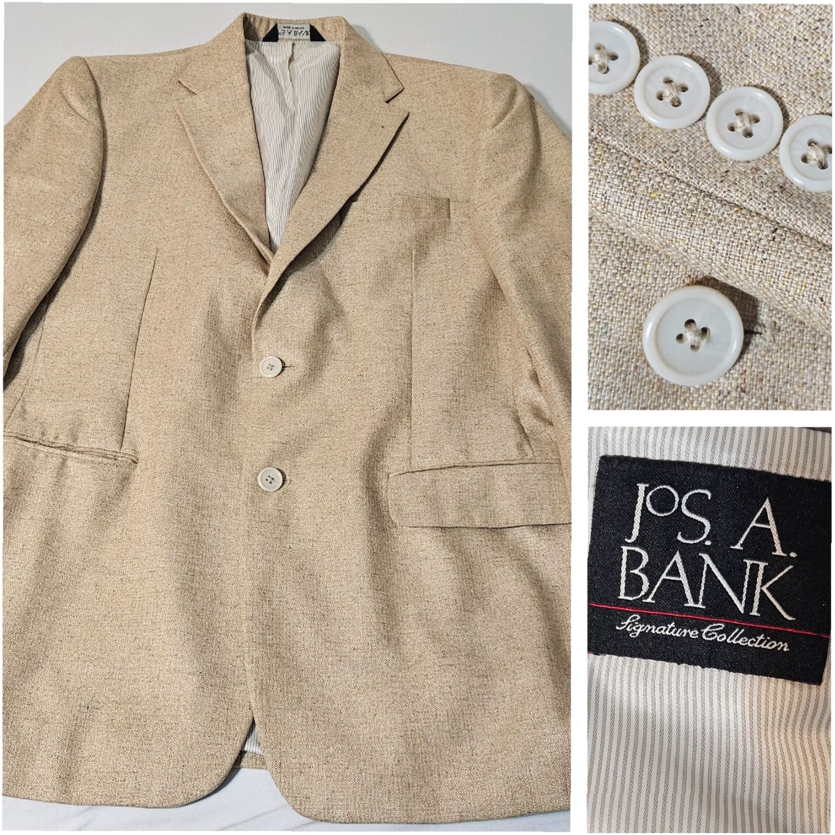 Jos. A. Bank JOS A. BANK Silk 40L Blazer Sport Coat Jacket Beige Tan Plaid 44 Chest Single-Breasted 2 Button Mens Jacket Size 40R - 2 Thumbnail