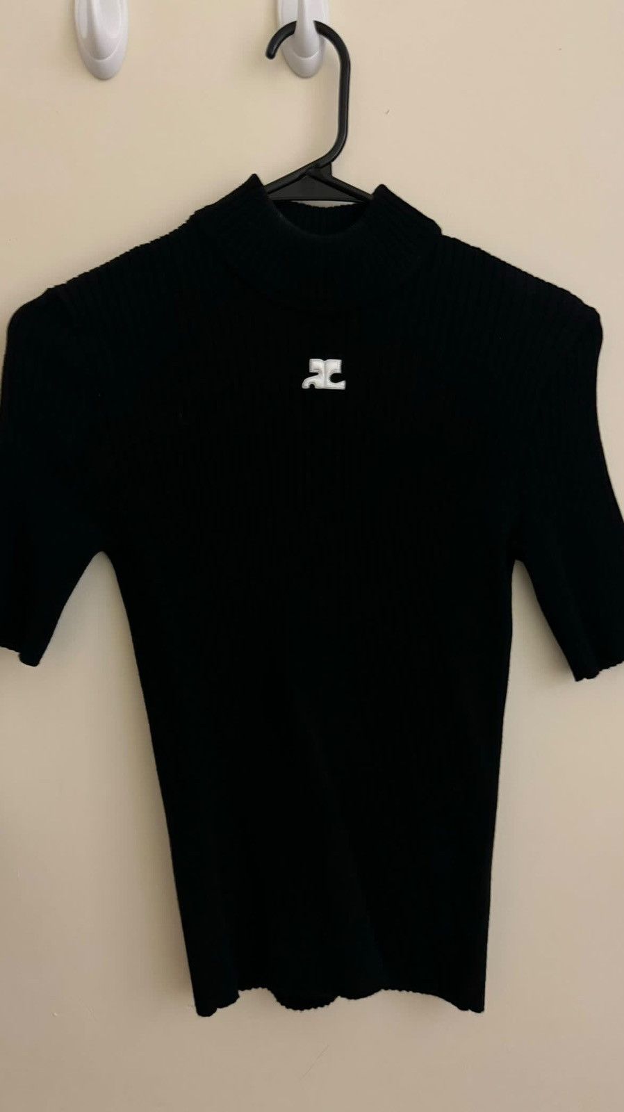 Image of Courreges Mock-Neck Short-Sleeve Rib Pullover in Black, Women's (Size XS)