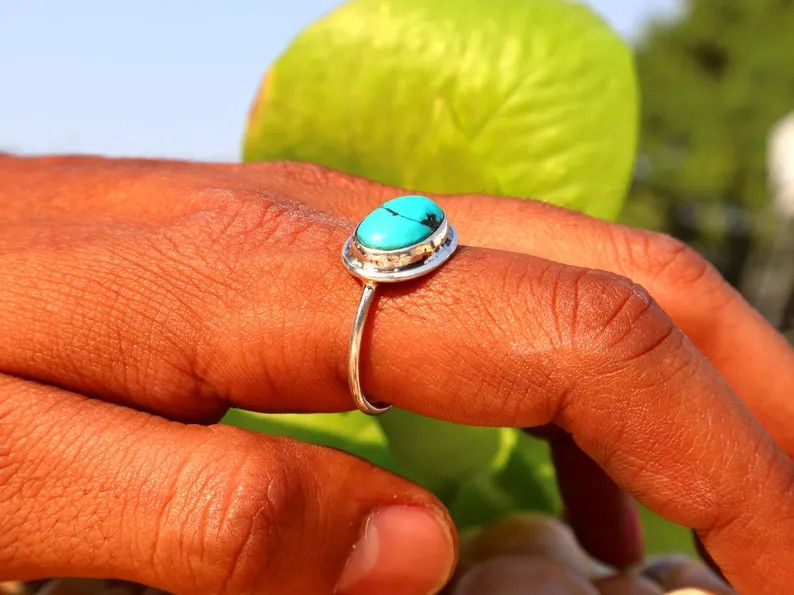 Handmade Turquoise Ring, Handmade Sterling Silver Green Gemstone Ring Size ONE SIZE - 9 Thumbnail
