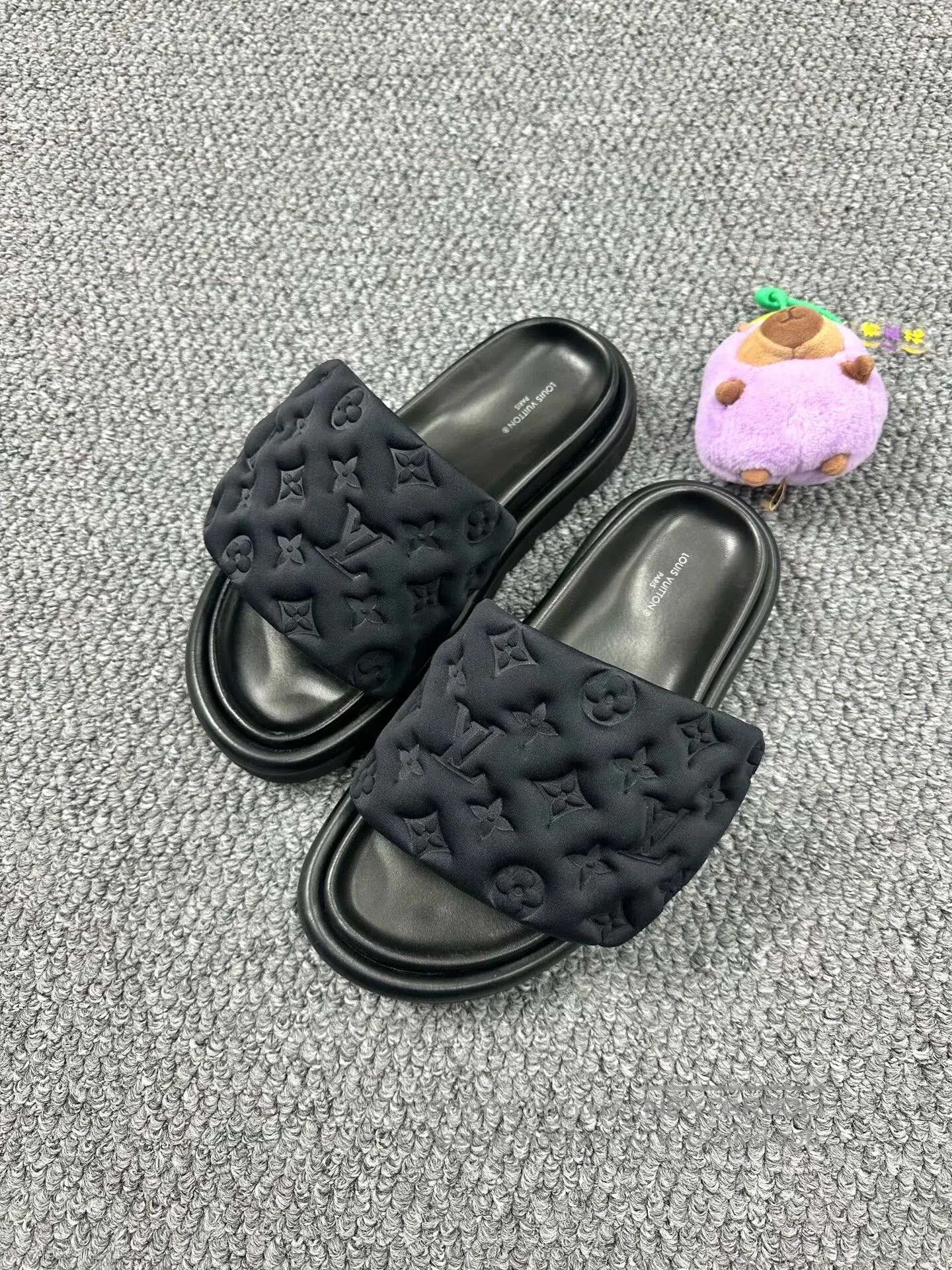 Louis Vuitton Louis Vuitton Black Raised Full Print Magic Tape Slippers| Size US 8.5 / IT 38.5 - 1 Thumbnail