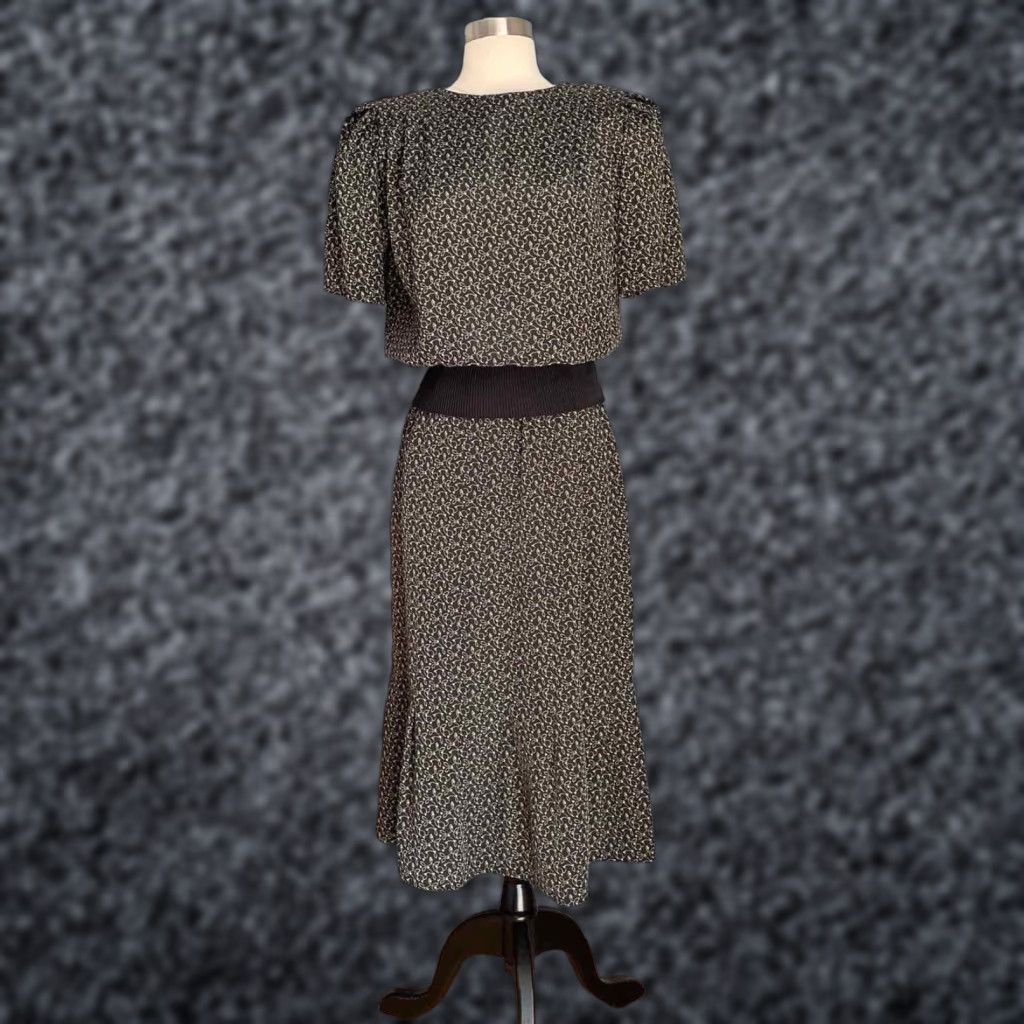 Liz Claiborne VINTAGE Liz Claiborne Blouse & Skirt Set Womens 2 Piece 8 Black Cream 80s Secretary Career Size M / US 6-8 / IT 42-44 - 1 Thumbnail