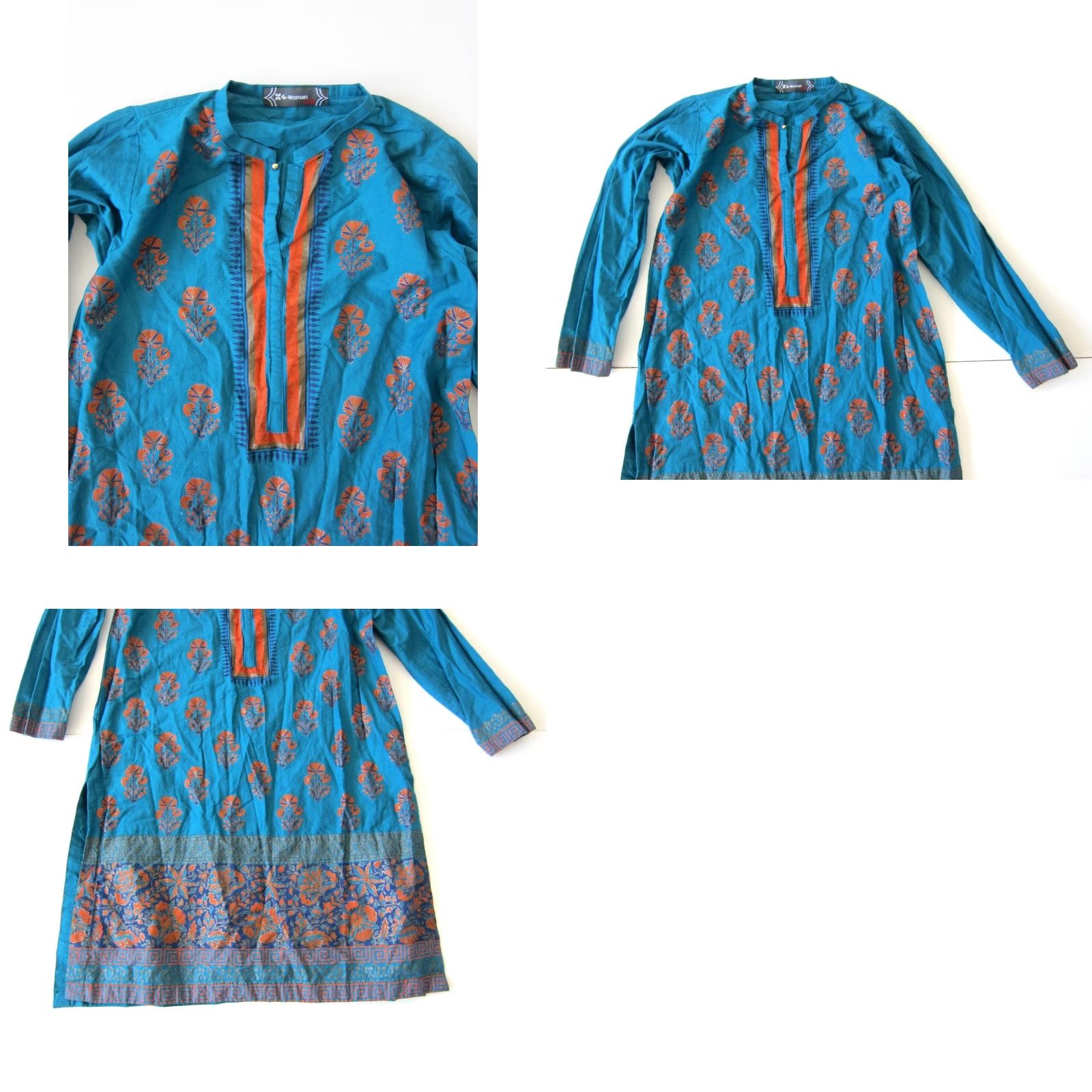 Vintage VINTAGE G-Woman Kurta Dress S/10 100% Cotton Turquoise Green Orange Floral Long Sleeve DressS/10 Size S / US 4 / IT 40 - 8 Thumbnail