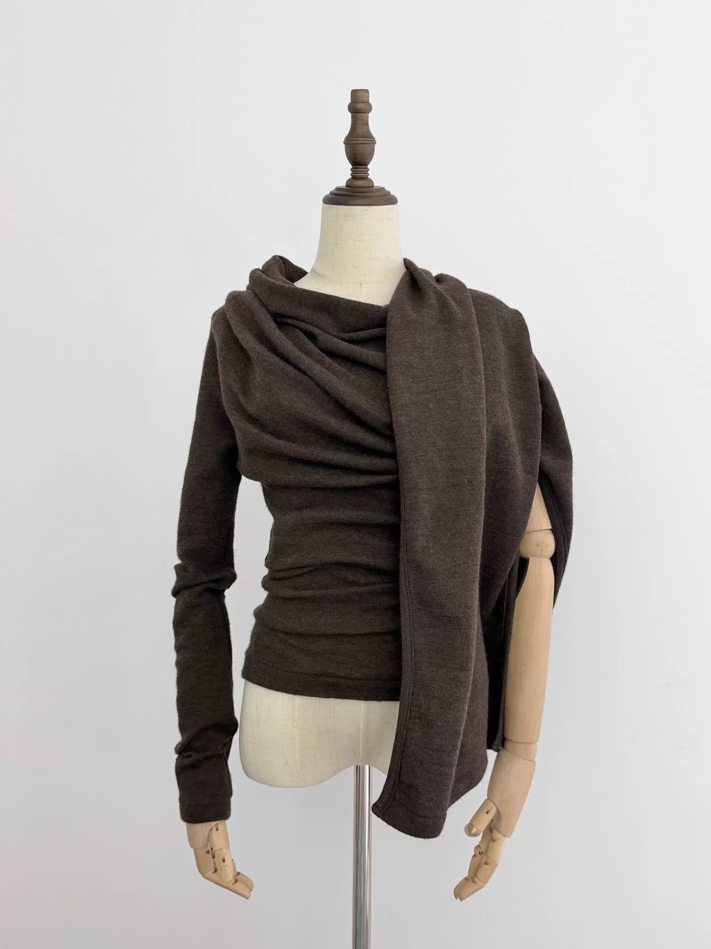 Y's Y's Chocolate Brown Irregular Two-Way Wool Top Size L / US 10 / IT 46 - 4 Thumbnail