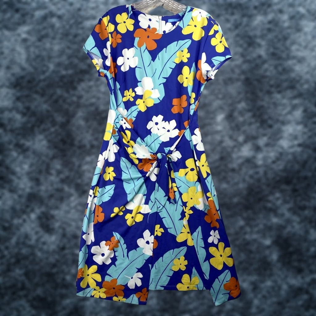 J.McLaughlin J. McLaughlin Elora Dress L Floral Crew Neck Short Sleeve Nylon Spandex Jersey Knee Length Blue Women's Knit Shift Size L / US 10 / IT 46 - 1 Thumbnail