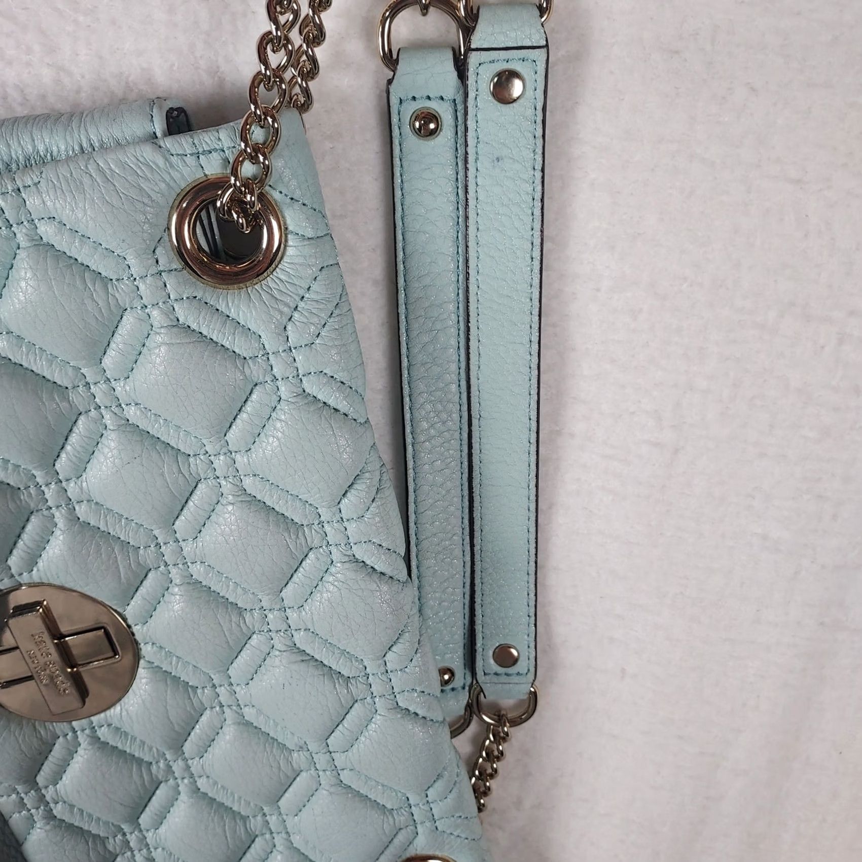 Vintage kate spade new york Quilted Pebbled Leather Turnlock Shoulder Bag Blue Gold Chain Women Size ONE SIZE - 6 Thumbnail