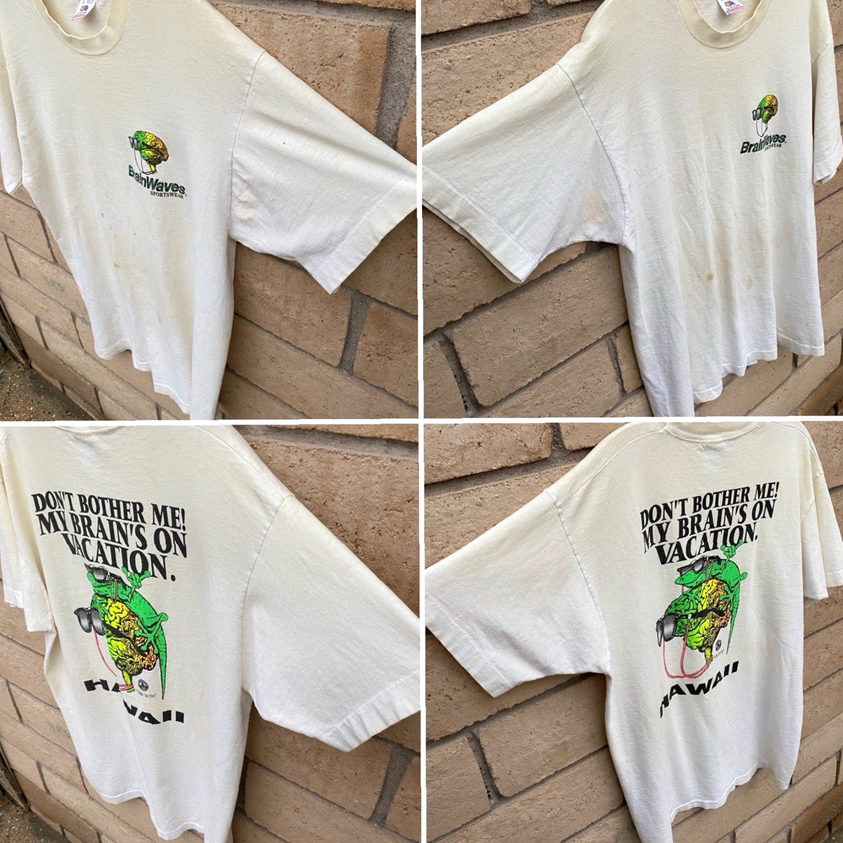 Fruit Of The Loom VINTAGE Brainwaves Hawaii Gecko T Shirt Mens L White Neon 90s Graphic Size US L / EU 52-54 / 3 - 2 Thumbnail