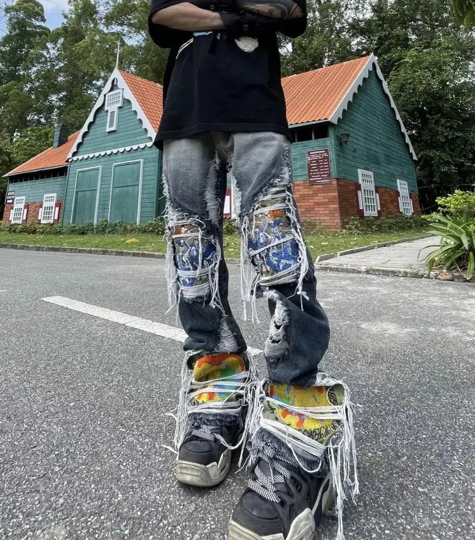 Japanese Brand × Jean Frayed embroidered loose straight ripped jeans pants y2k Size US 32 / EU 48 - 2 Thumbnail
