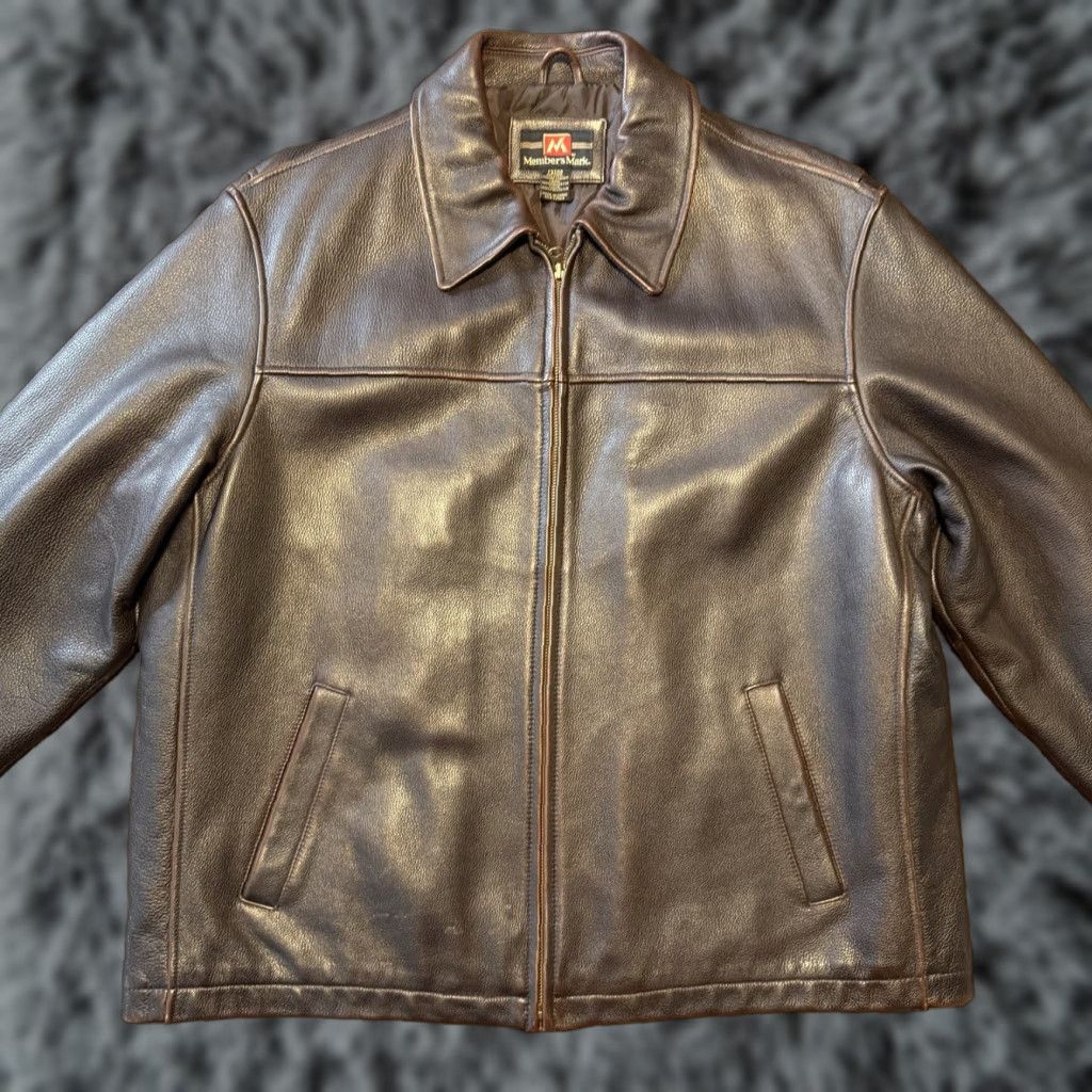 Vintage Members Mark Leather Jacket Mens XL Brown Genuine Cowhide Zip Front Quilted Moto Bomber Biker Size US XL / EU 56 / 4 - 1 Thumbnail