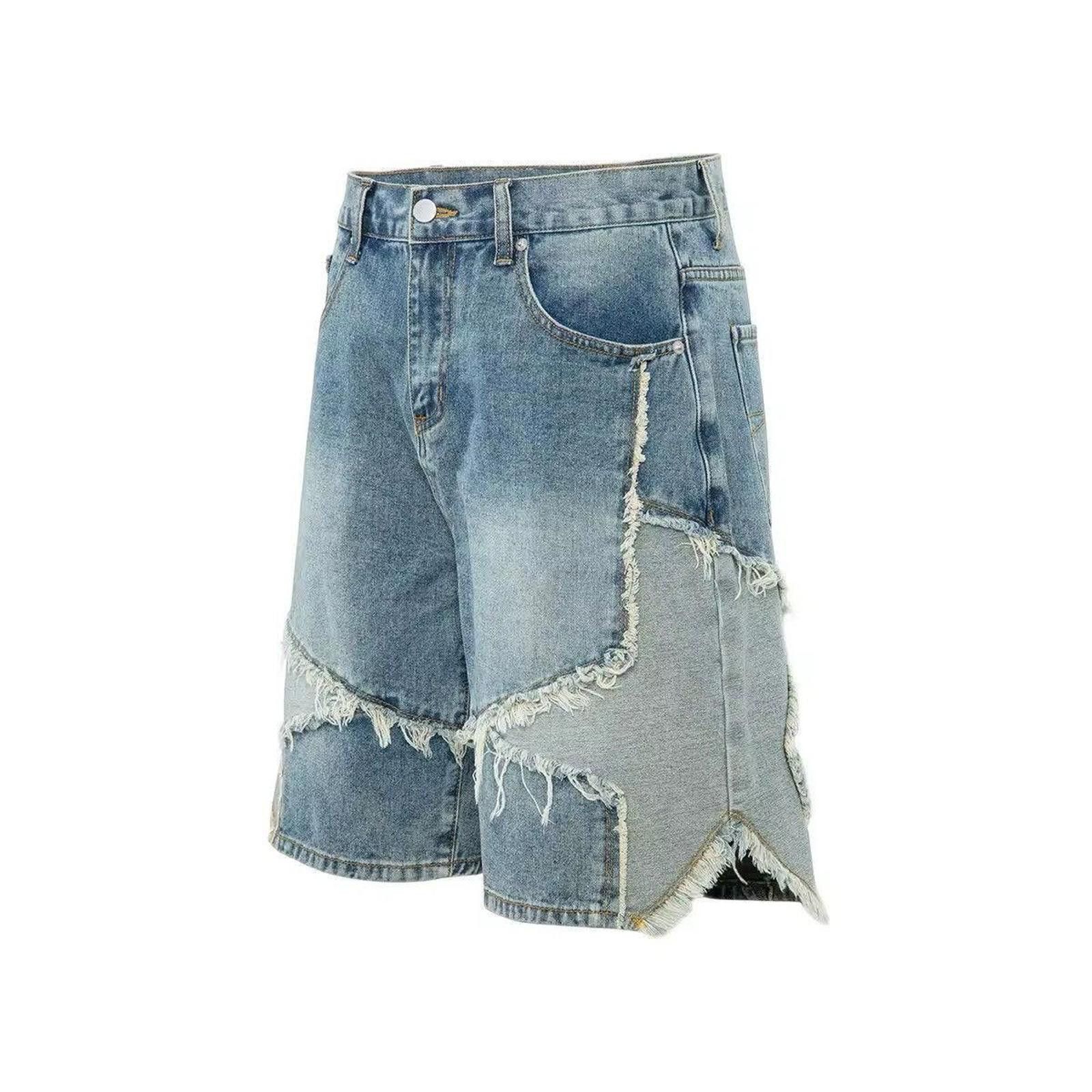 Stars Patchwork Washed Baggy Shorts, Embroidered Shorts