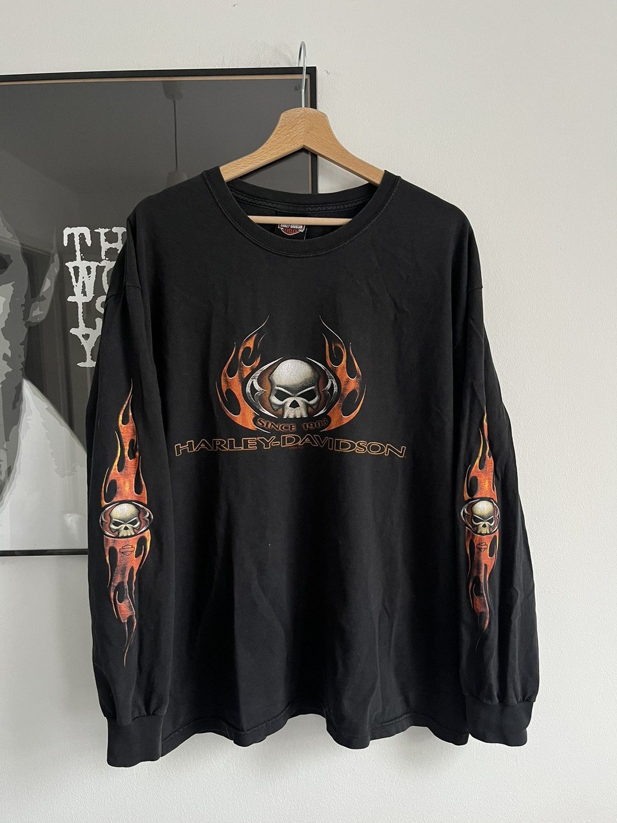 image of Crazy Faded Vintage Harley Davidson Skull Flame Longsleeve in Black, Men's (Size XL)