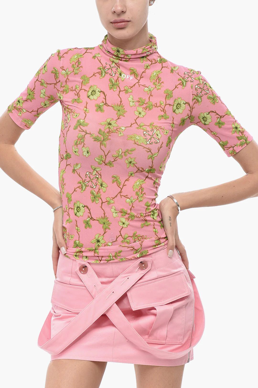 Off-White og1mm0426 Floral Tulle Hi-neck Top in Pink Size XS / US 0-2 / IT 36-38 - 1 Thumbnail