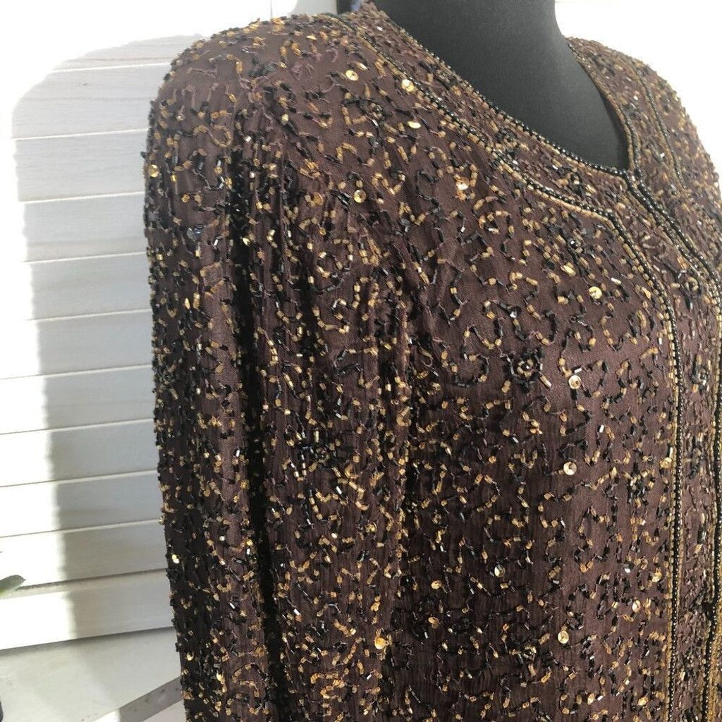 Vintage 100% silk beaded sequined brown blazer long sleeves blouse S Size XS / US 0-2 / IT 36-38 - 6 Thumbnail