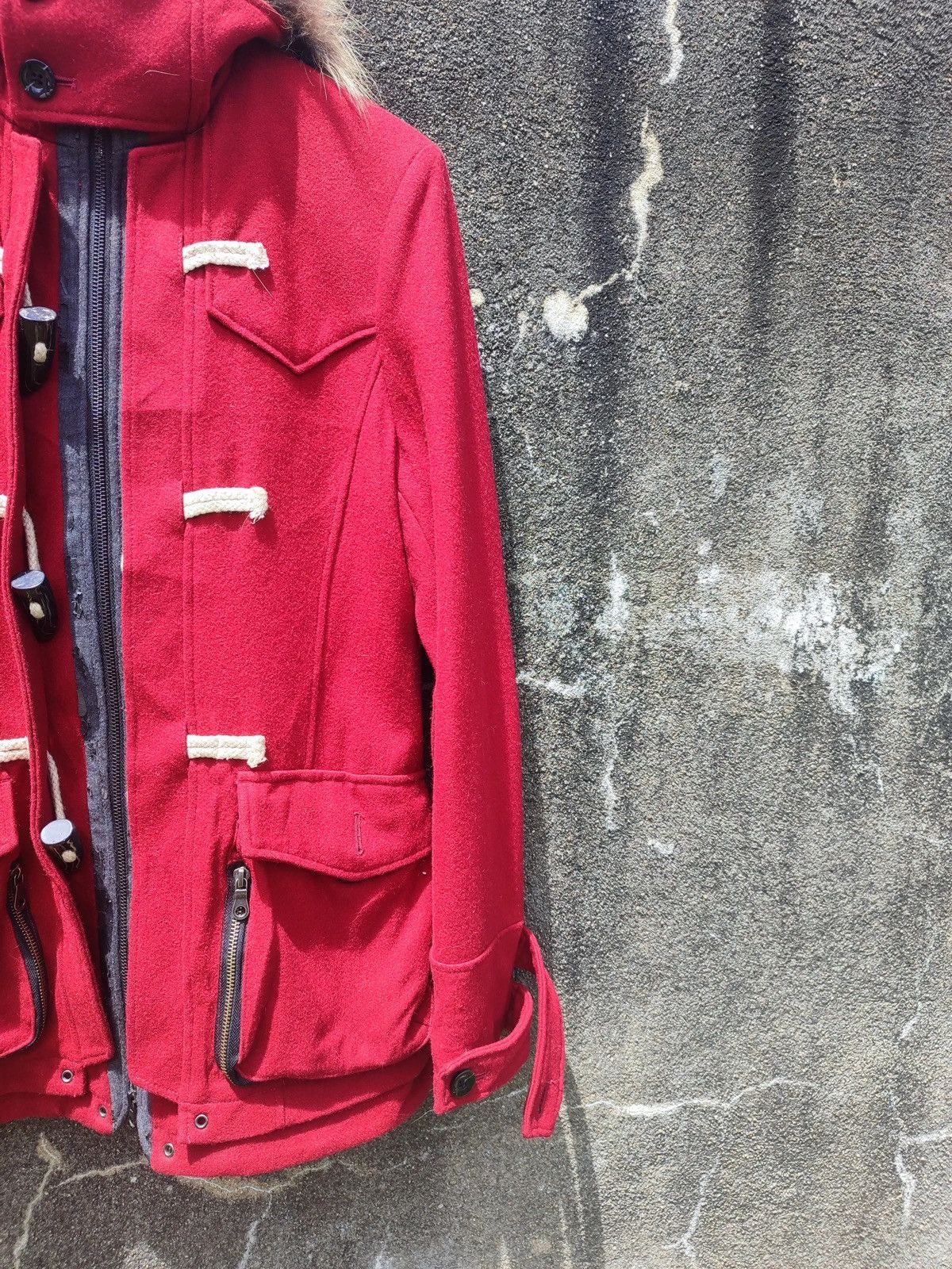 Designer PPFM Red Wool-Blend Toggle Jacket with Fur Hood - Size L Size US M / EU 48-50 / 2 - 3 Thumbnail