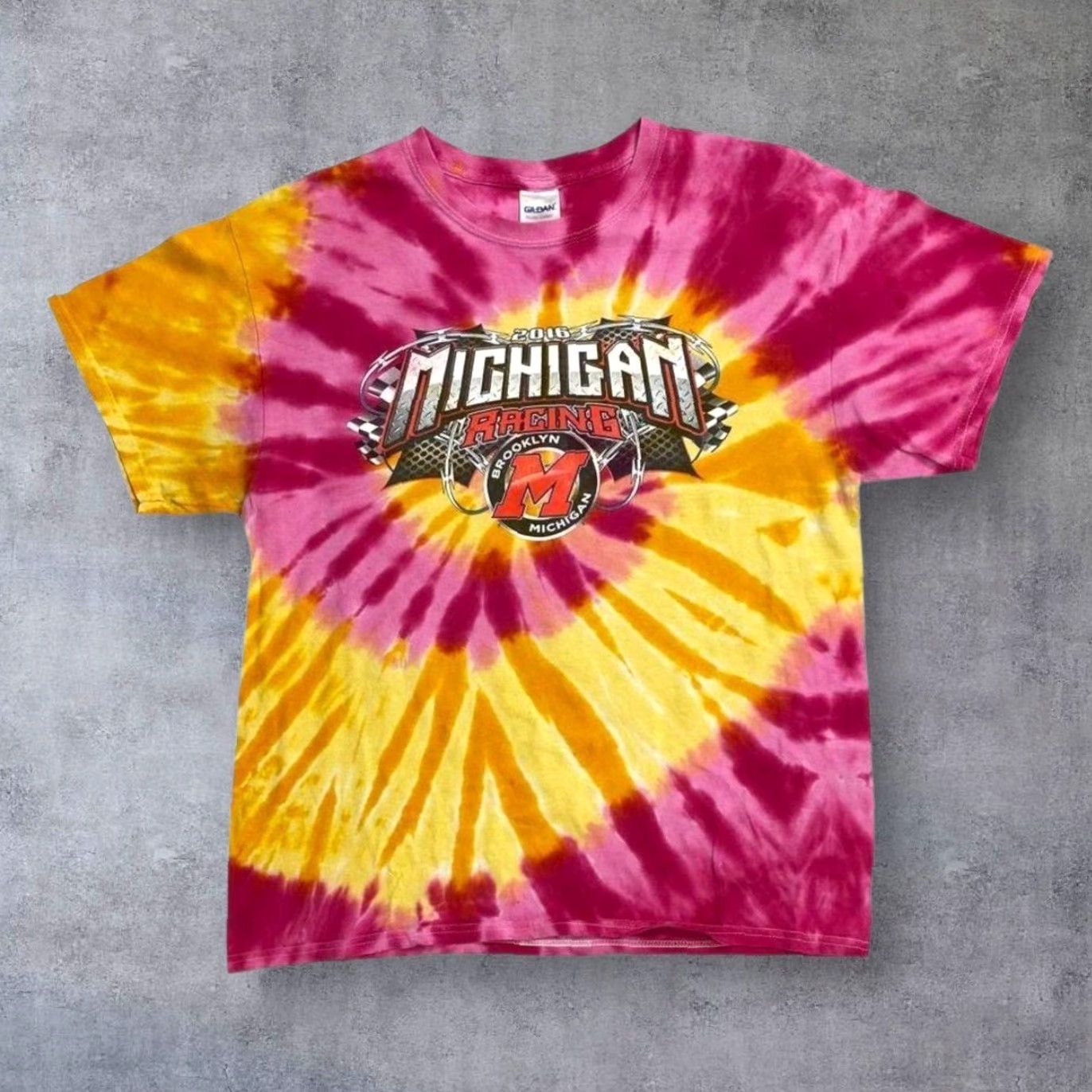 Gildan Michigan Racing “One Wicked Ride” Motorsports Graphic Tie Dye T-Shirt L Men Large Pink/Yellow Spiral Tie Dye Graphic logo print to front and back Size US L / EU 52-54 / 3 - 2 Thumbnail