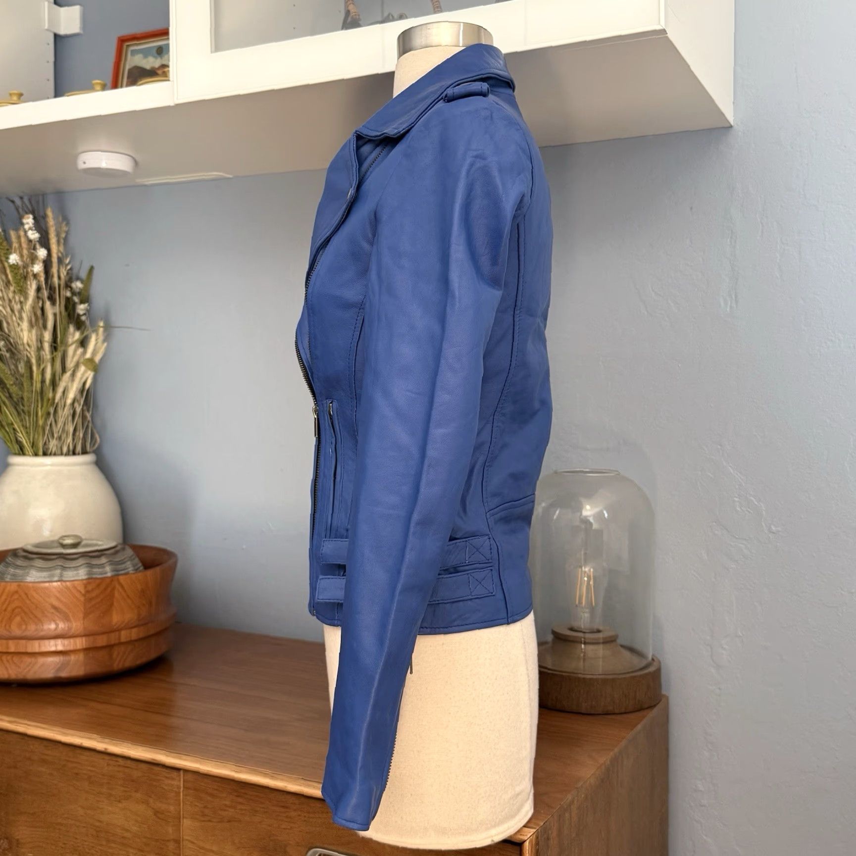 Vintage Santo by Paolo De Santo Blue Lambskin Leather Moto Jacket XS Woman Slim Short Zip Size XS / US 0-2 / IT 36-38 - 3 Thumbnail