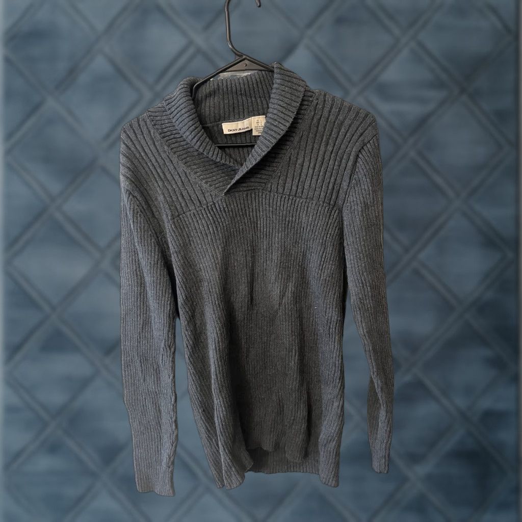 DKNY DKNY Sweater Womens L Gray Knit Shawl Collar Ribbed Pullover Long Sleeve Size L / US 10 / IT 46 - 1 Thumbnail