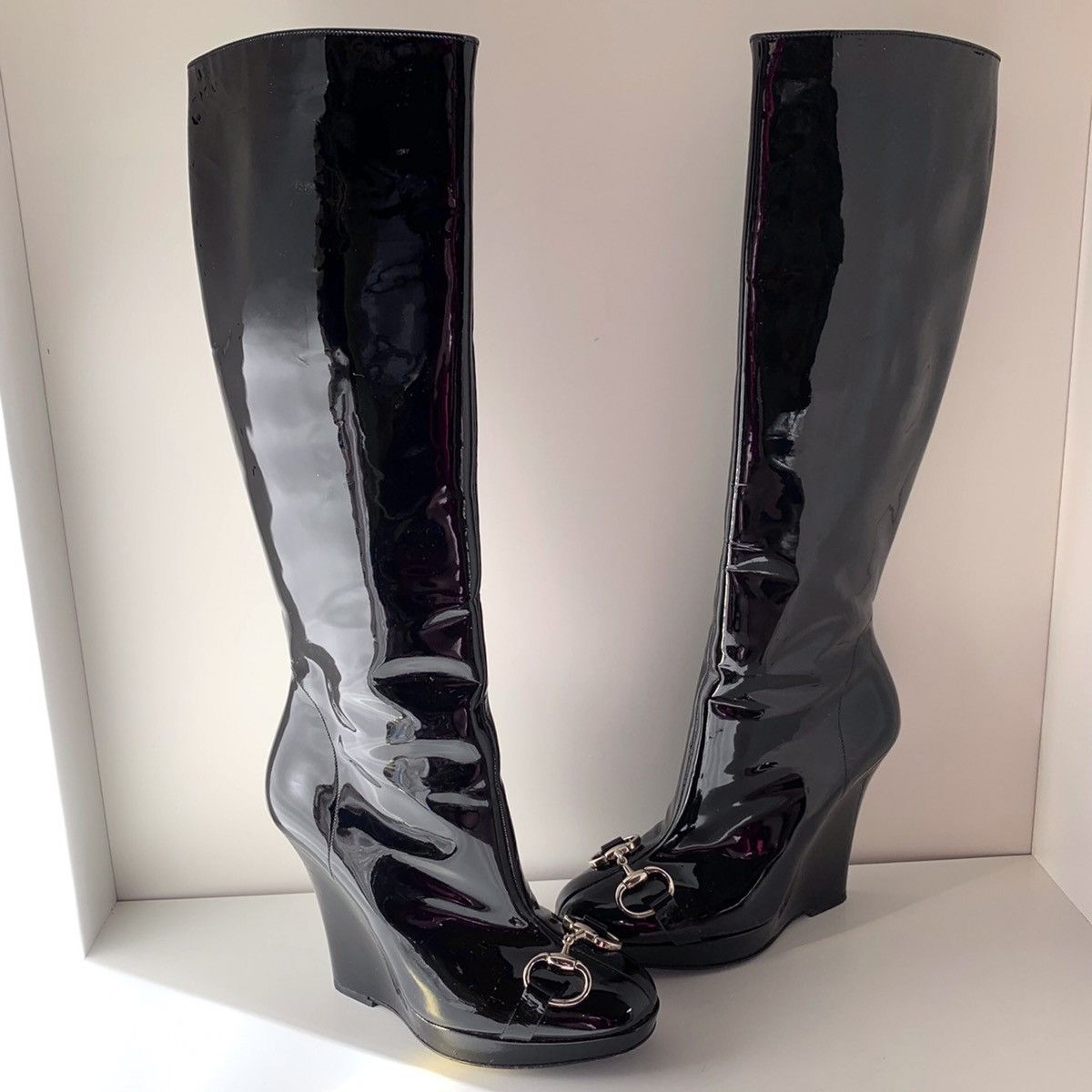Gucci Patent leather horsebit wedge tall boots Size US 5.5 / IT 35.5 - 16 Thumbnail