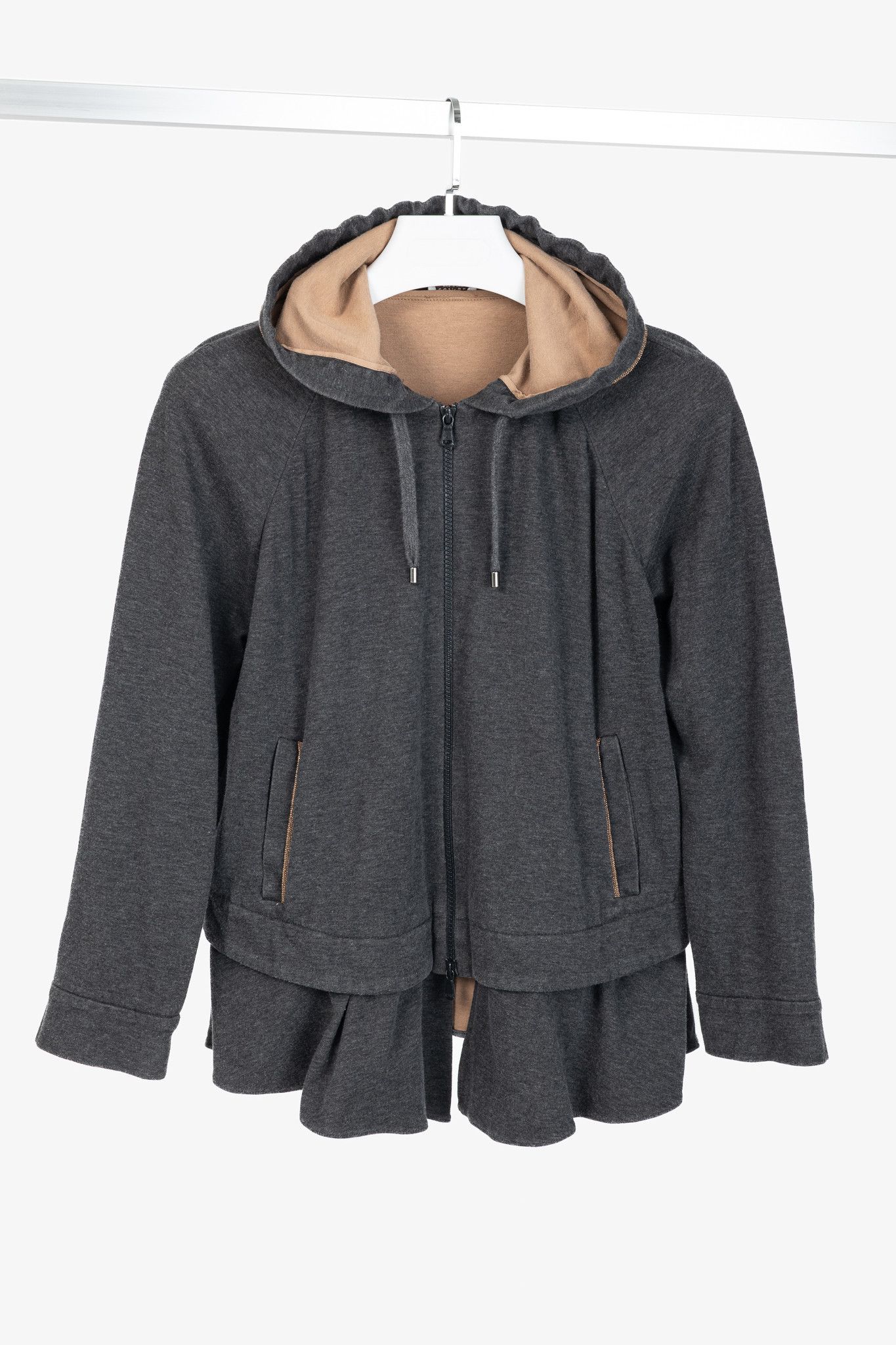 Brunello Cucinelli Brunello Cucinelli Grey Cotton-Jersey Monili Peplum Hoodie Size L / US 10 / IT 46 - 1 Thumbnail