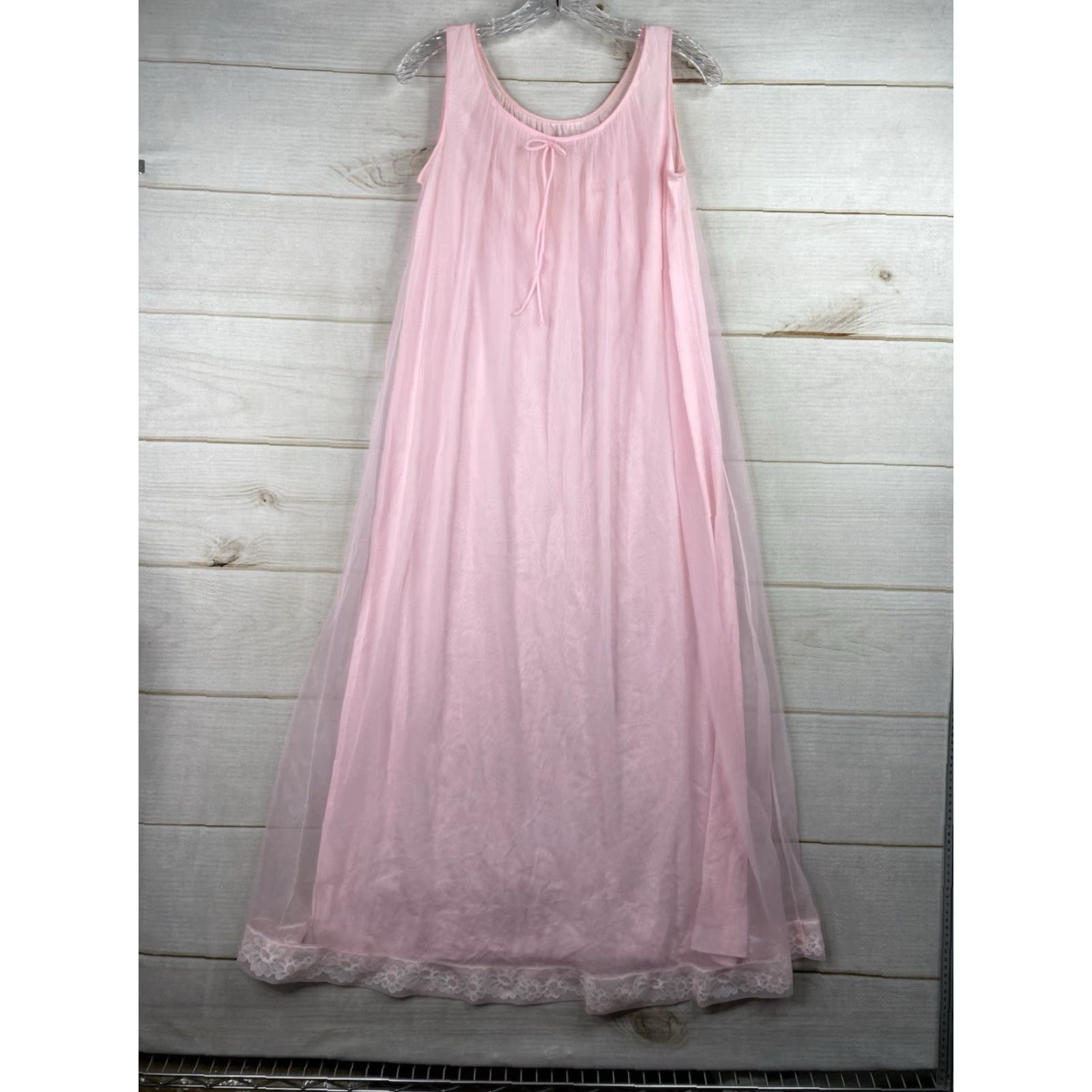 Vintage Miss Elaine Nightgown Chemise Sheer Daisy Lace Trim Lingerie Nylon Pink 1960s Vintage Size ONE SIZE - 2 Thumbnail