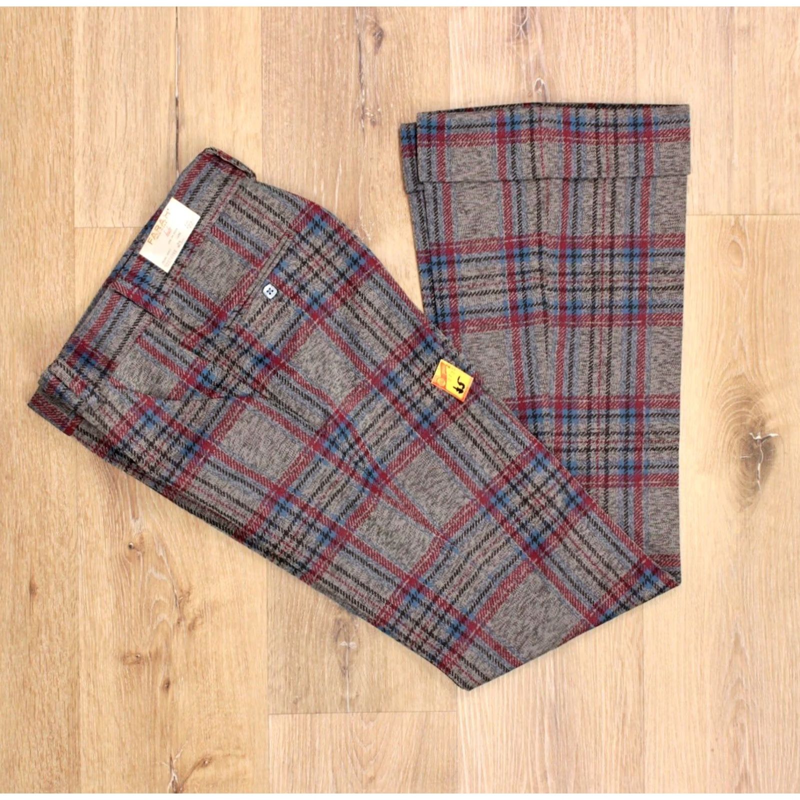 Farah VINTAGE Farah Mens VTG 1970s NOS Grey & Red Plaid Flare Pants Sz 27x32 70s Polyester Disco Size US 27 - 2 Thumbnail