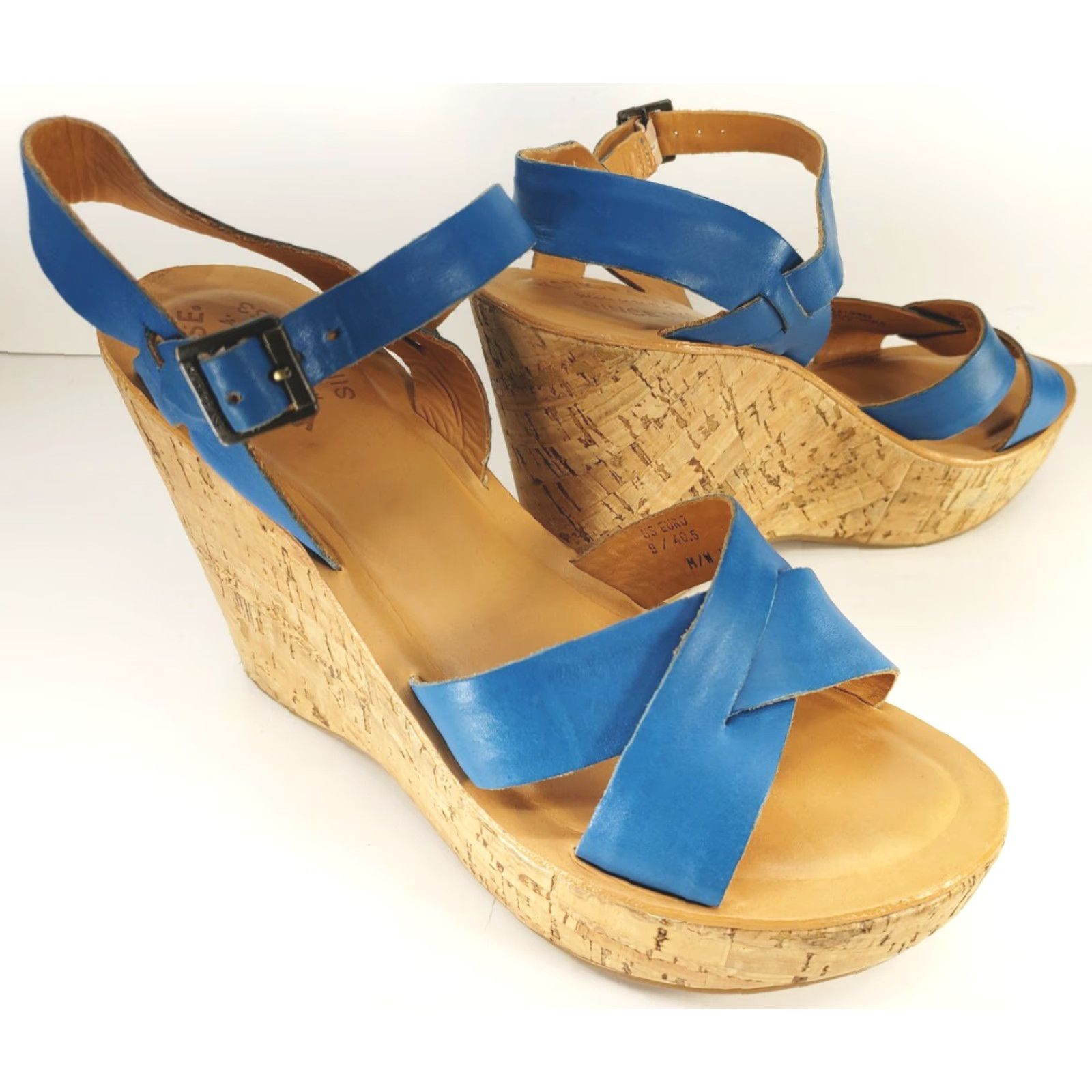 Vintage Kork-Ease Sandal Women's 9 Leather Crossover Slingback Cork Wedge Blue Buckle Sl ним Size US 9 / IT 39 - 2 Thumbnail