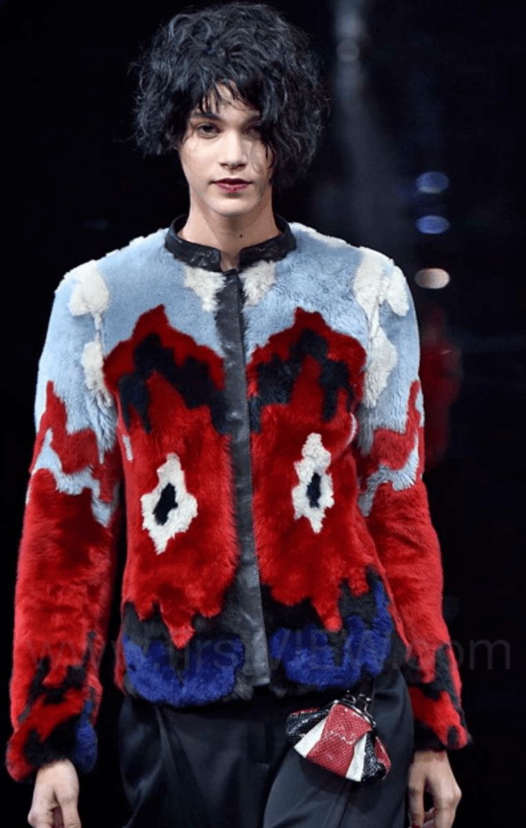 Emporio Armani FW2015 Emporio Armani Red & Blue Abstract Lamb Shearling Jacket Size M / US 6-8 / IT 42-44 - 2 Thumbnail