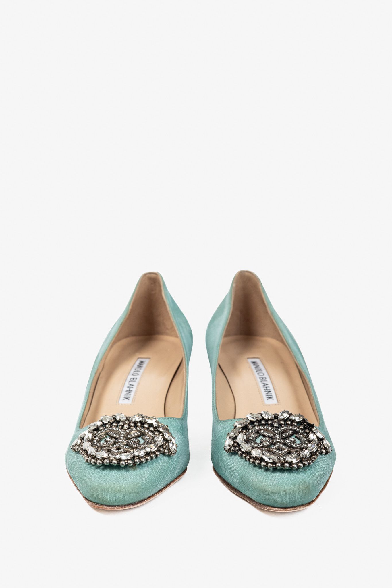 Manolo Blahnik Manolo Blahnik Okkato Teal Crêpe De Chine Jewel Buckle Pumps Size US 5 / IT 35 - 3 Thumbnail