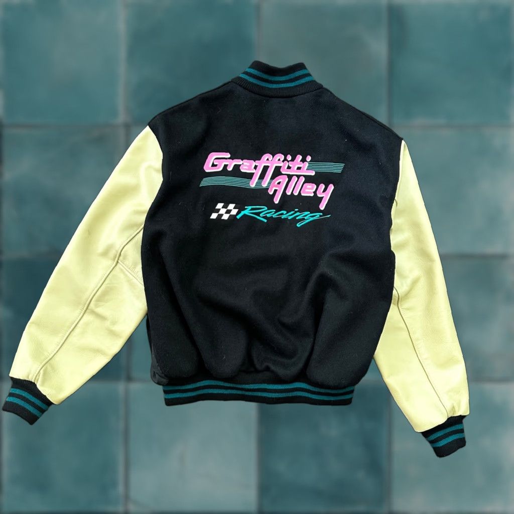 Vintage VTG Graffiti Alley Varsity Leather Letterman 70s Jacket 48 Portland Cars Racing Blue Wool Pattern Solid Men Jacket 80s Classic Preppy Varsity Mens Size US M / EU 48-50 / 2 - 1 Thumbnail