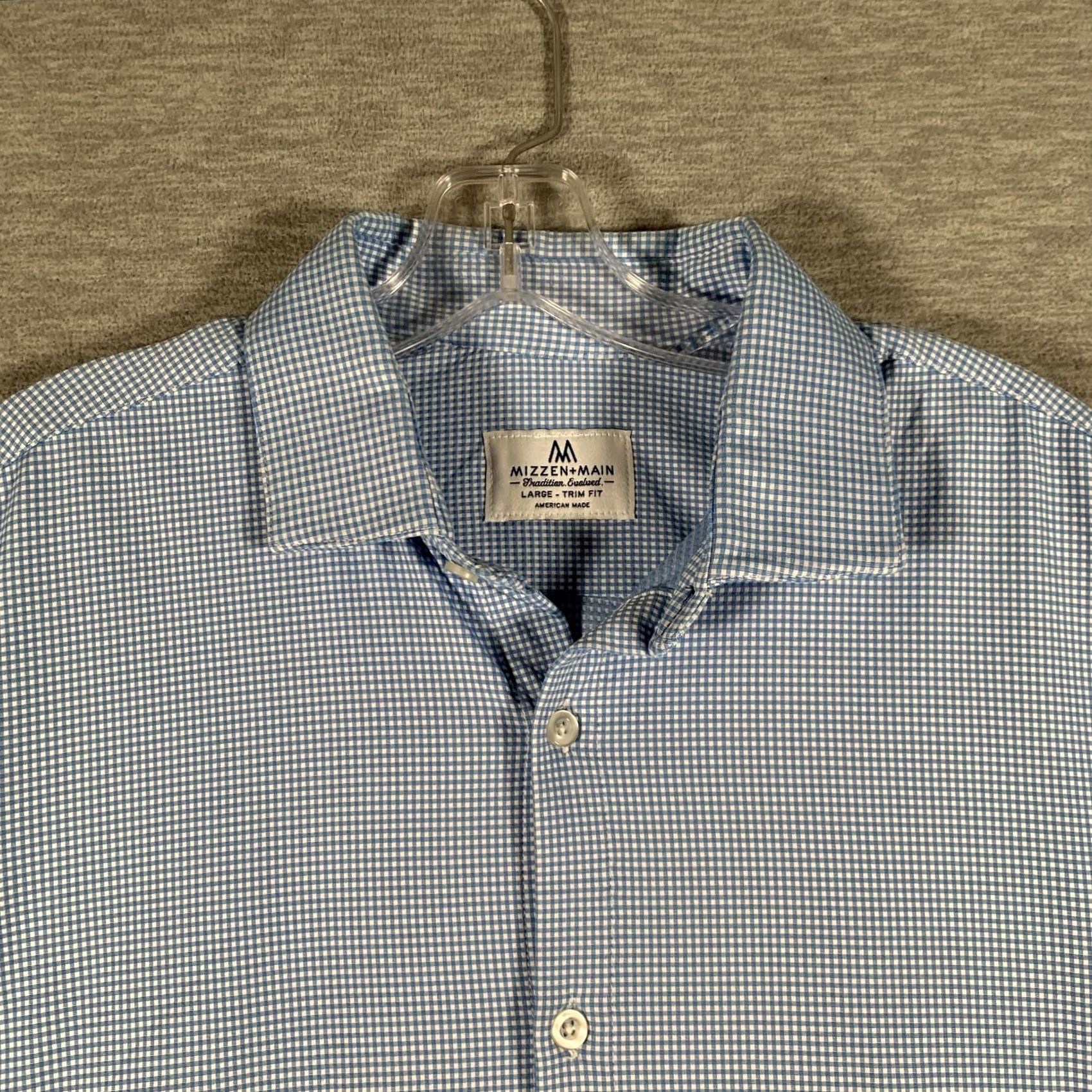 Mizzen+Main Mizzen+Main Dress Shirt Mens L Blue Gingham Trim Fit Non-Iron Stretch USA Shirt Size 42R - 5 Thumbnail