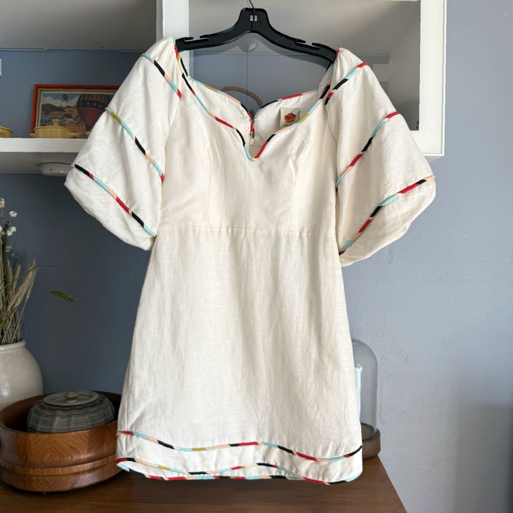 Farm Rio Farm Rio White Linen Short Sleeve Mini Dress M Womens Striped Colorful 100% Linen Summer 34" Length Size 32" / US 10 / IT 46 - 2 Thumbnail