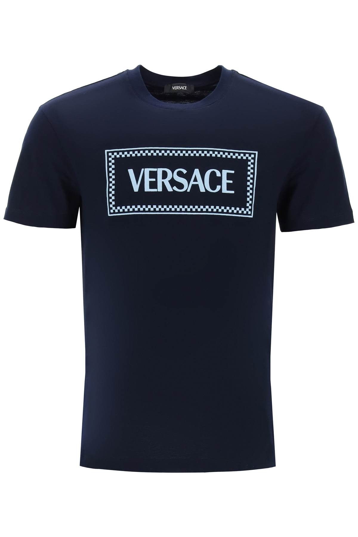 image of Versace Embroidered Logo T-Shirt in Navy Blue, Men's (Size Small)