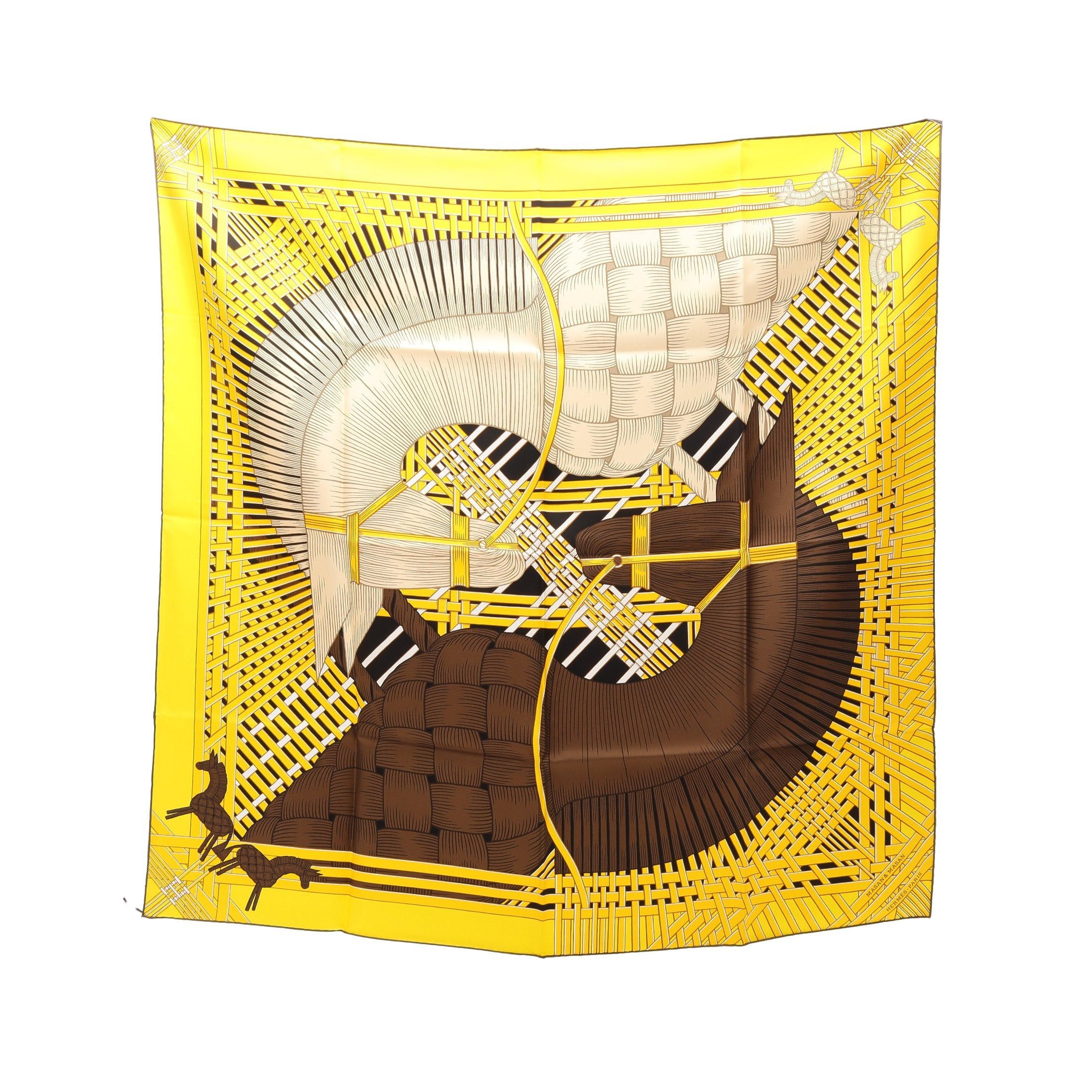 Hermes Hermes Carres 90 Masan&Masan Scarf Silk Yellow Gray Brown Multicolor Size ONE SIZE - 1 Thumbnail