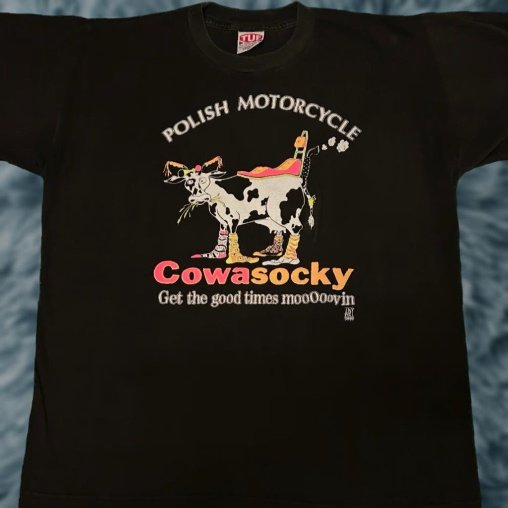 Vintage VINTAGE 90s Kawasaki Parody Polish Motorcycle Cow Art Biker 1992 Shirt Mens XL Black Short Sleeve T-Shirt Mens XL Size US XL / EU 56 / 4 - 1 Thumbnail