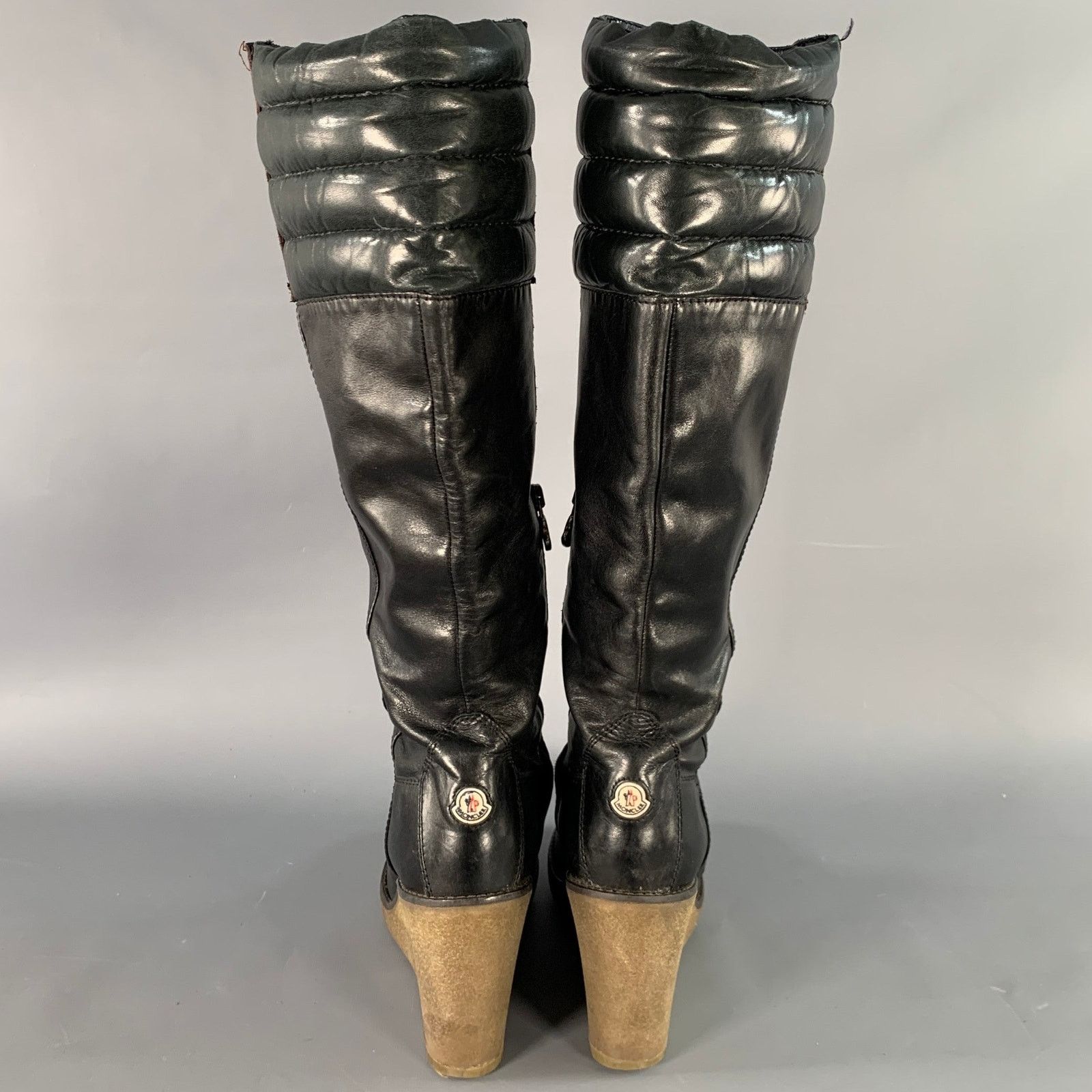 Moncler MONCLER Black Brown Leather Knee High Crepe Sole Wedge Boots Size US 10 / IT 40 - 3 Thumbnail