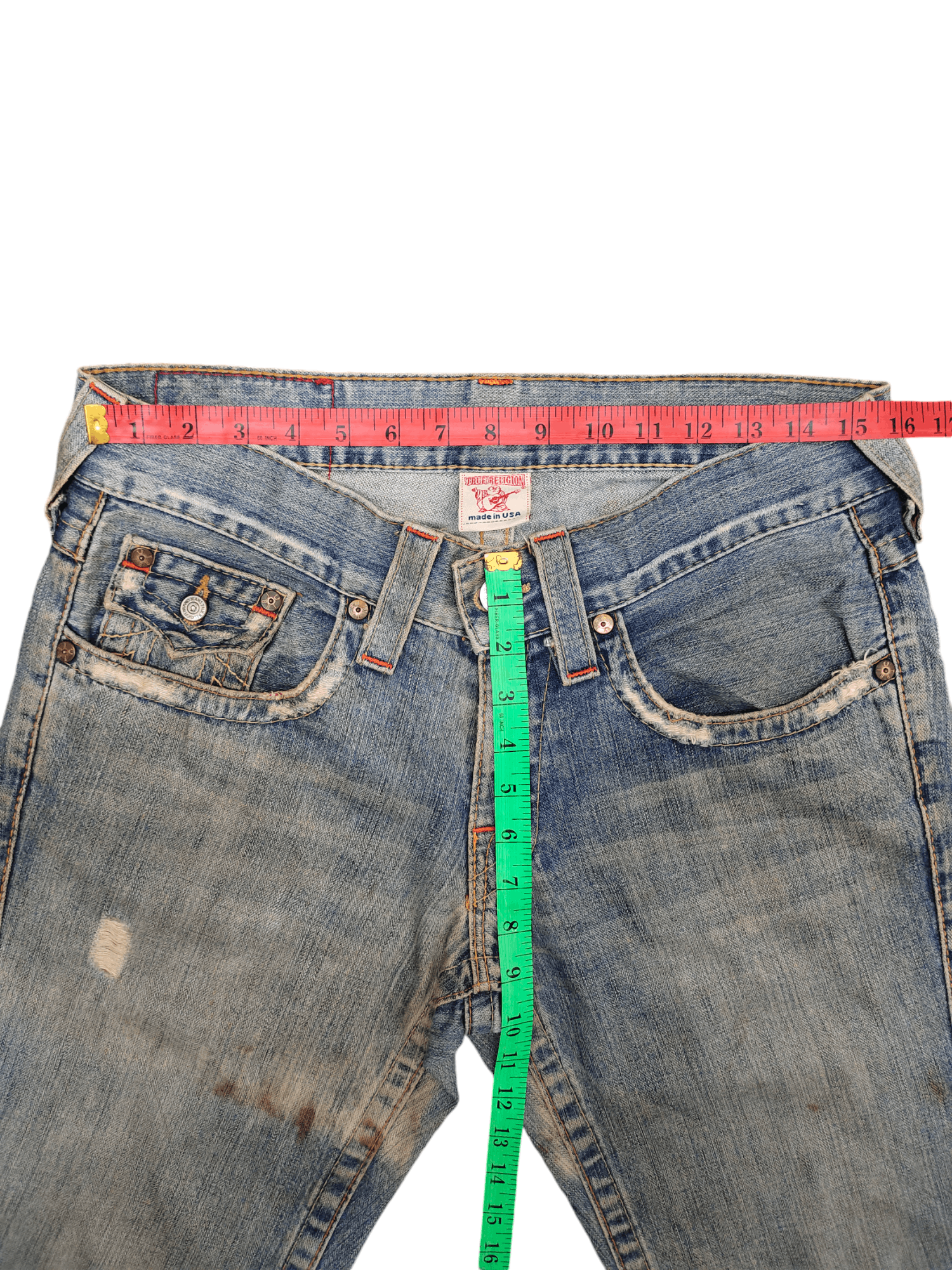 True Religion Flare Jean True Religion Leather Trim Distress Faded Bootcut Size US 31 - 11 Thumbnail