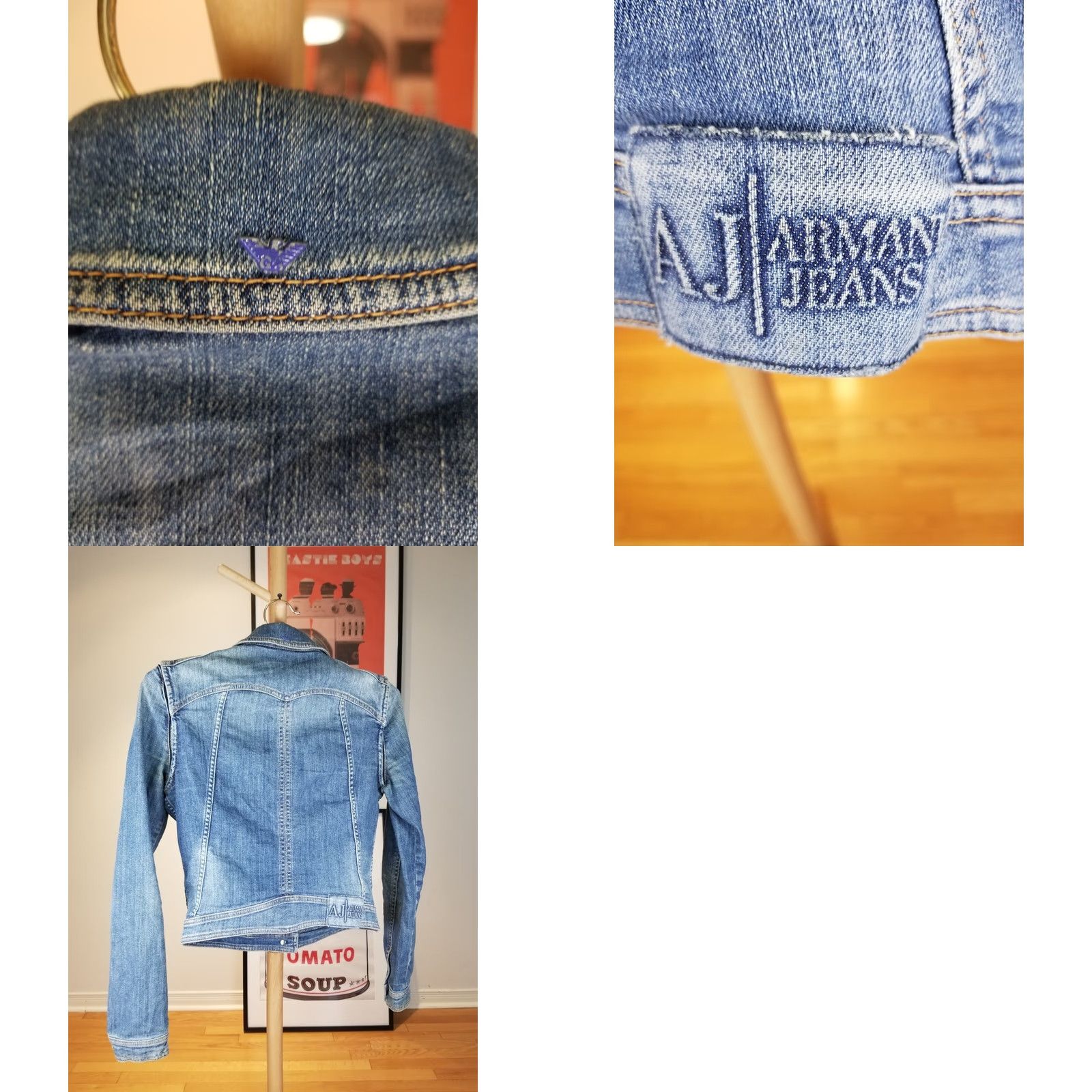 Vintage ARMANI Jeans Denim Jacket Womens 4 Jacket Blue Camouflage Cotton Lined 15 17 25 Cross Shoulder Chest Shoulder to Cuff Features Straps" Size 27" / US 4 / IT 40 - 8 Thumbnail