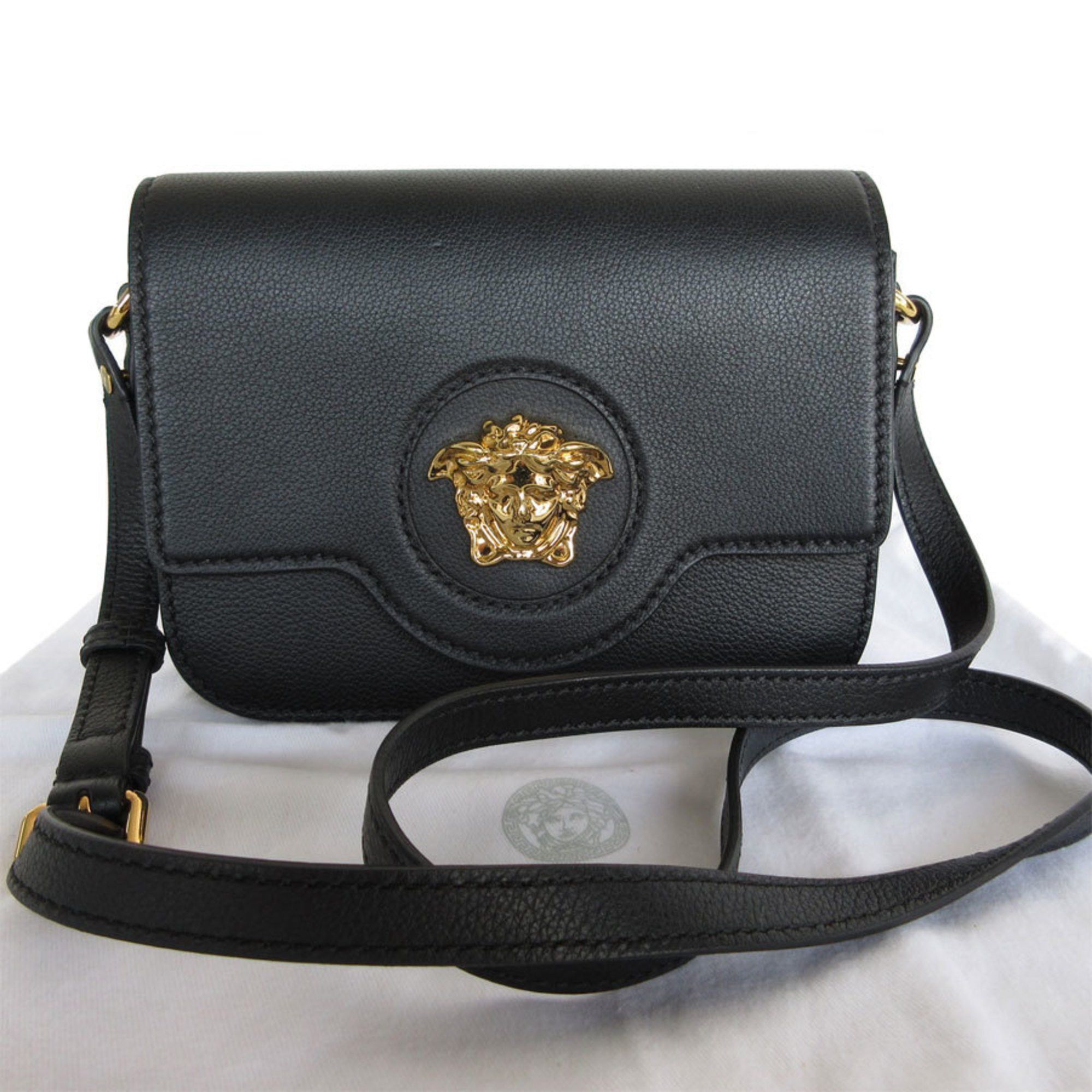 Versace Medusa Shoulder Bag Leather Black Gold Women's S0581
