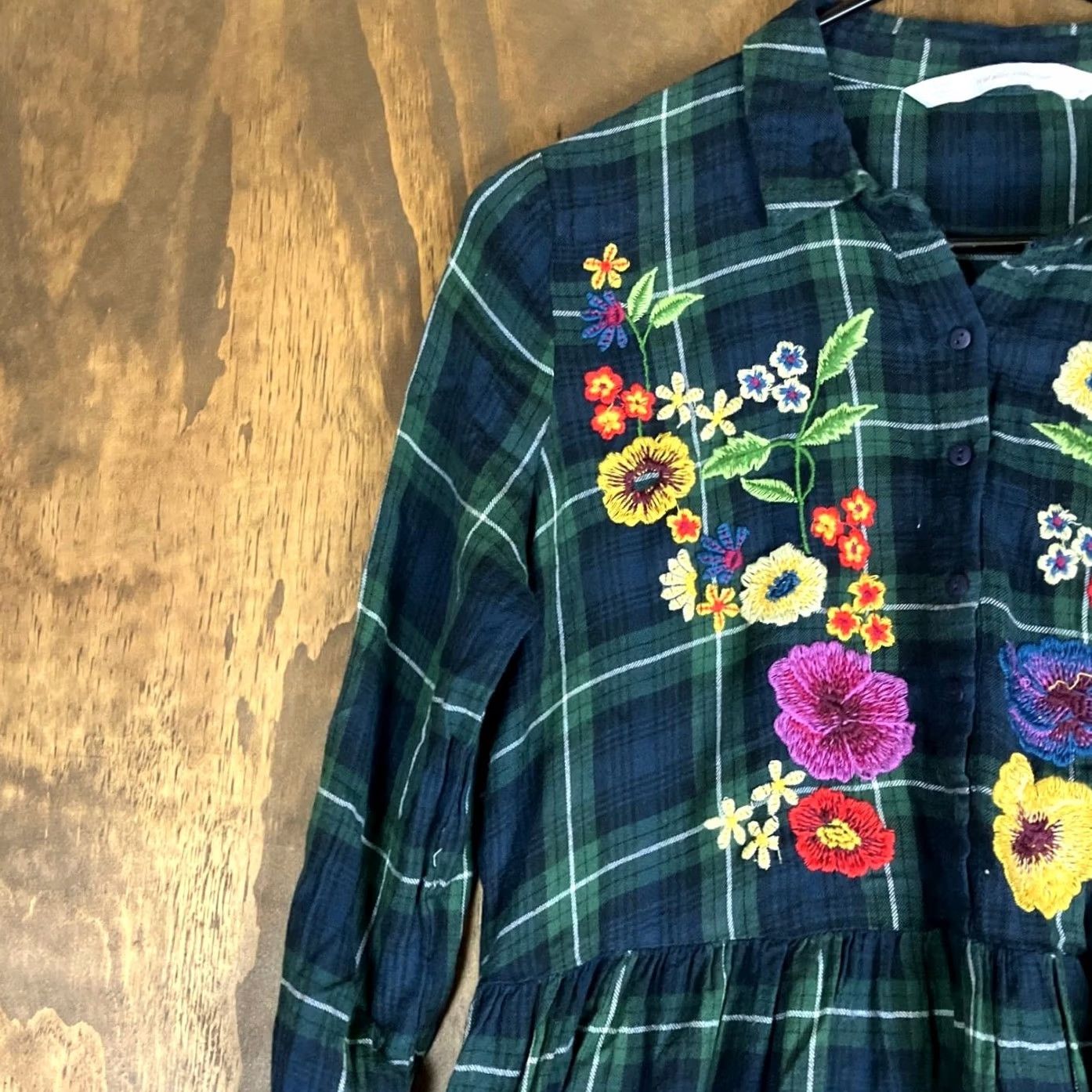 Zara Zara Trafalgar Womens Dress Blue Green Plaid Floral Embroider V Neck Pockets XS Size XS / US 0-2 / IT 36-38 - 4 Thumbnail