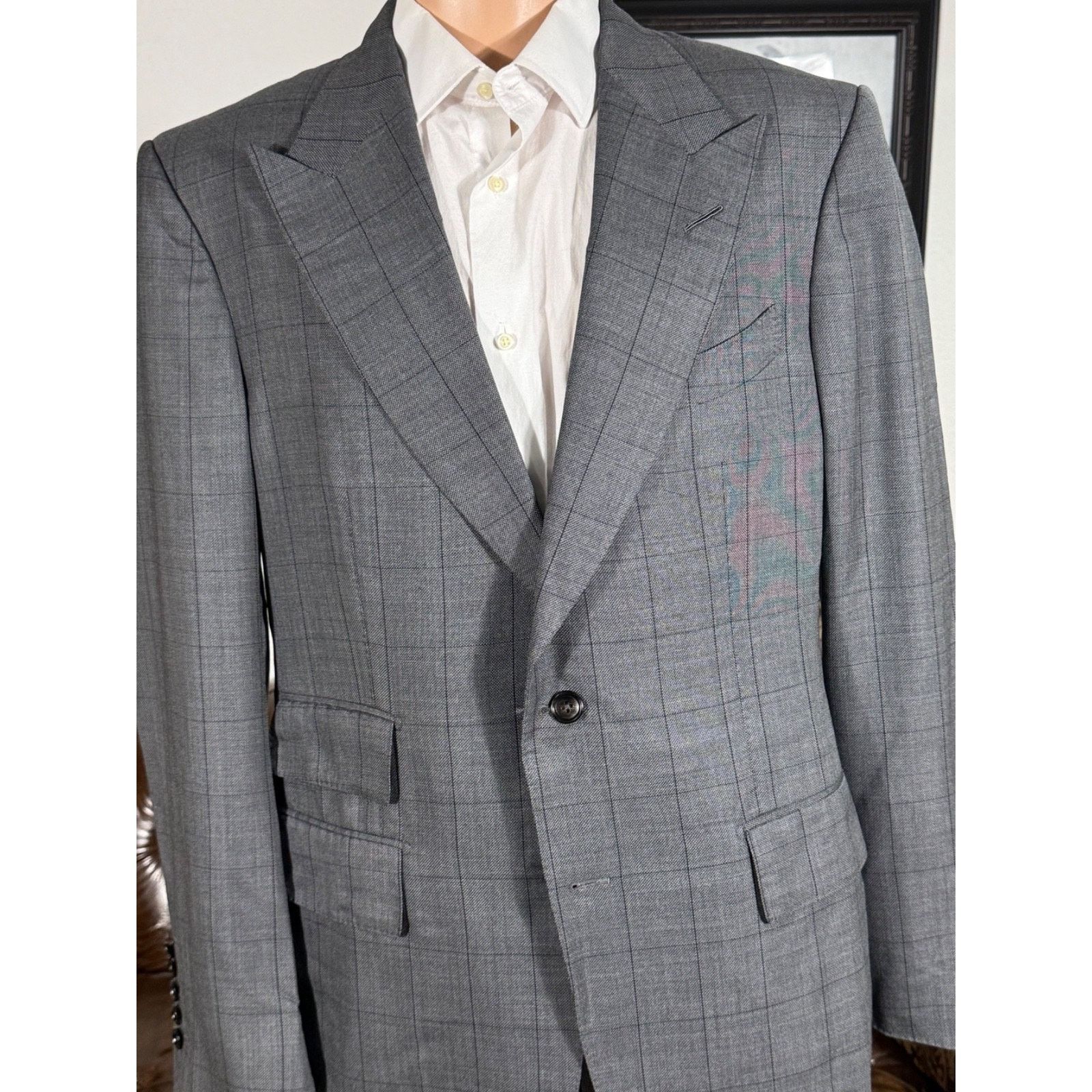 Tom Ford Gray Windsor Wool Silk Windowpane Peak Blazer 42R