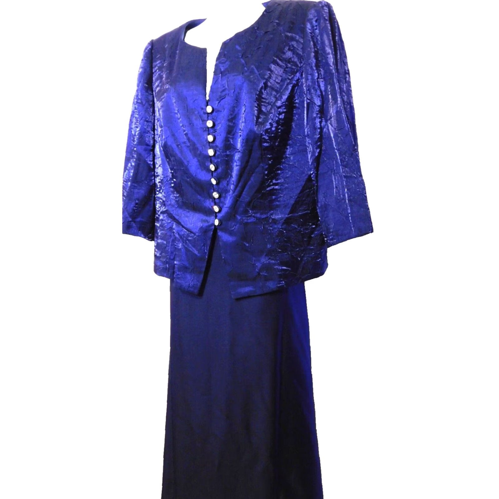 Alex Evenings 2 piece Long Dress 16P Shimmery Midnight Blue Crystal Button  Front