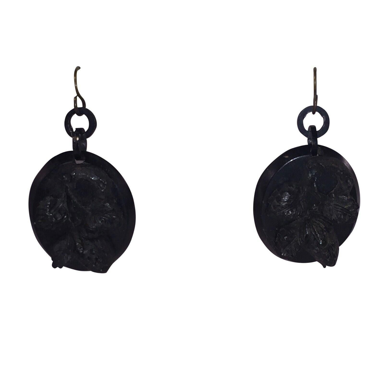 Designer Victorian Vulcanite Oval Flower and Leaves Dangle Earrings Size ONE SIZE - 1 Thumbnail