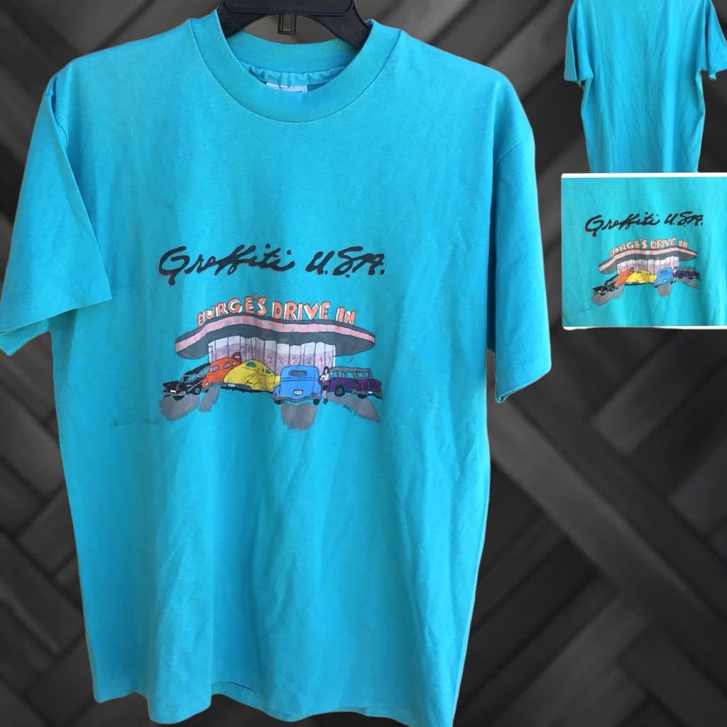 Hanes VINTAGE Hanes Graphic Tee Turquoise 1990s 1990s Burge’s Drive In L Men's Short Sleeve Cotton Blend USA Printed Fifty Fifty Shirt Size US L / EU 52-54 / 3 - 1 Thumbnail