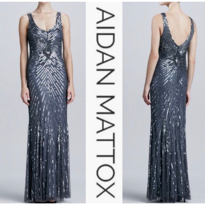 Nordstrom Aidan Mattox Grey All over Sequin V Back Mesh Gown Dress