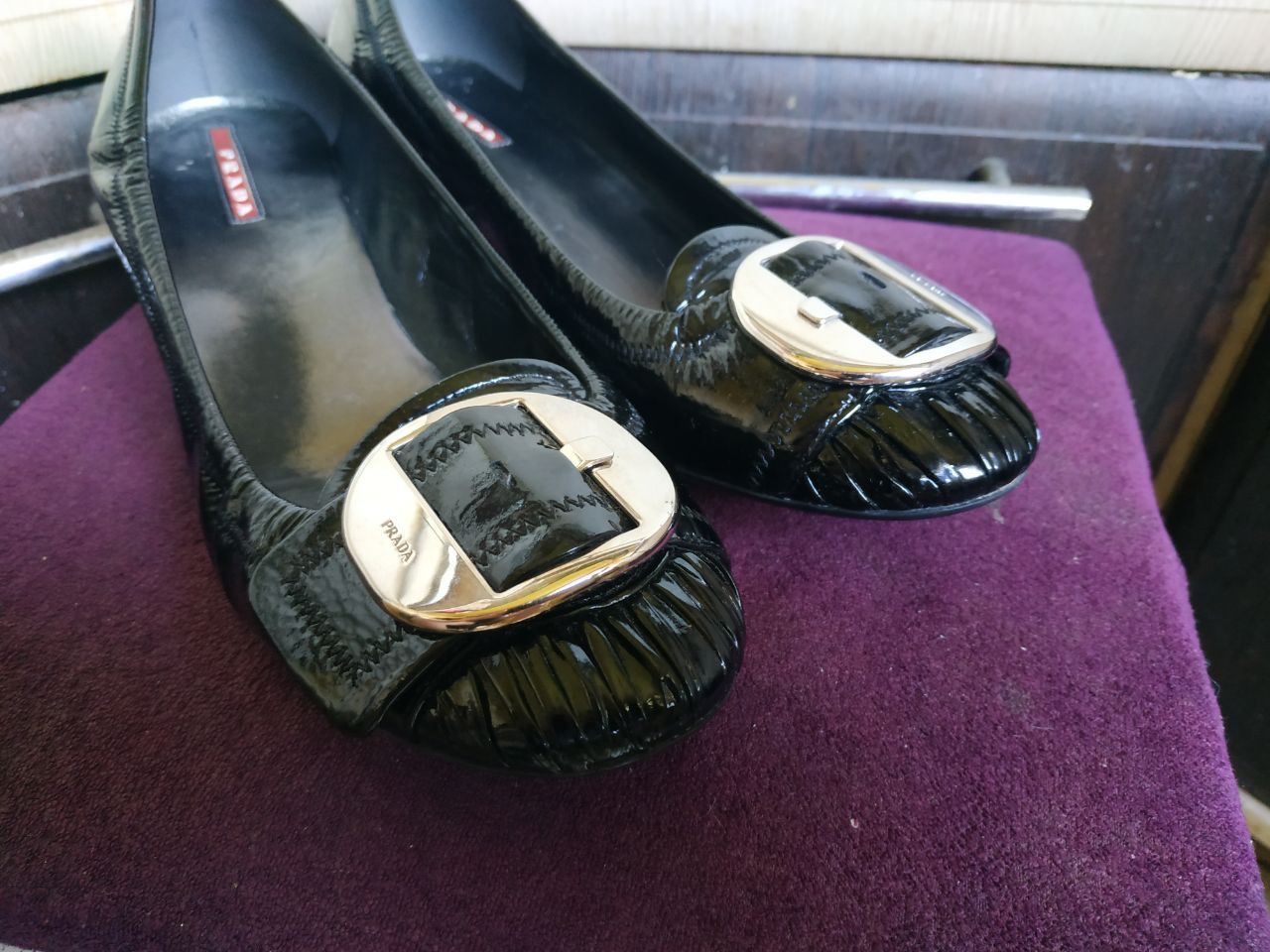 Prada Prada Black Patent Ballet Flats Gold Buckle EU 37 Size US 6 / IT 36 - 2 Thumbnail
