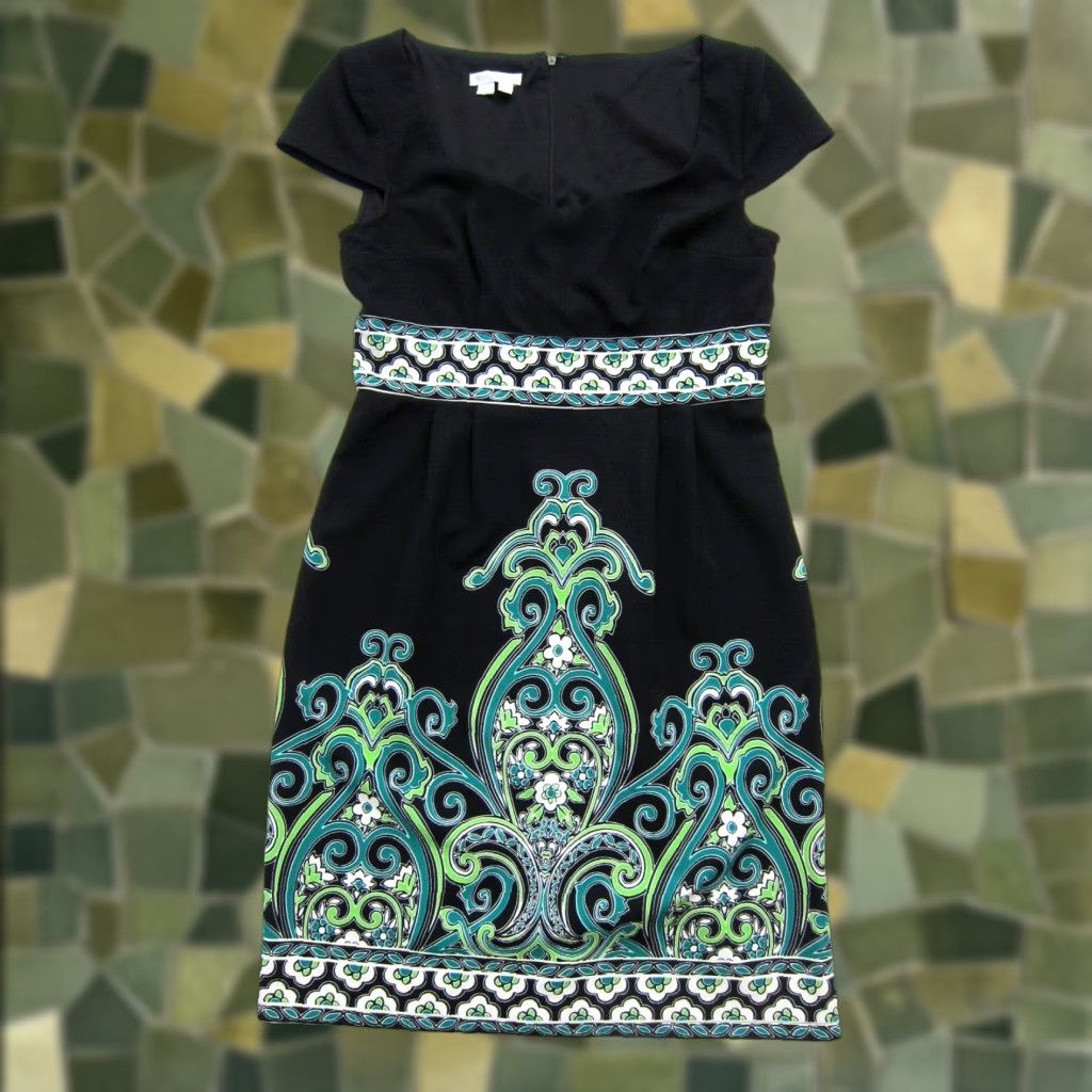 Vintage VINTAGE London Times Black Green Floral Paisley Cap Sleeve Sheath Shift Dress Women 8 Size M / US 6-8 / IT 42-44 - 1 Thumbnail